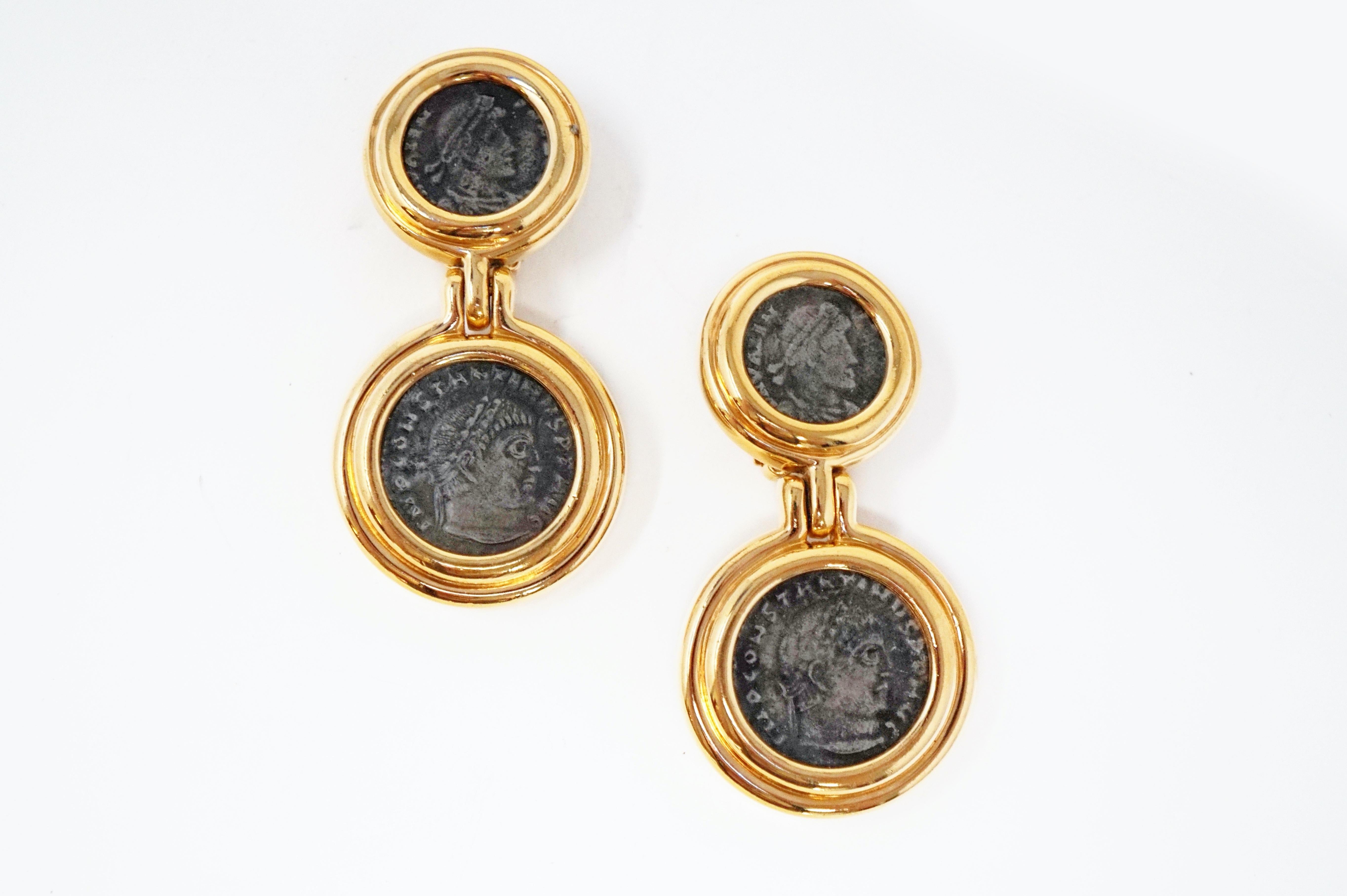 Modern Vintage Roman Coin Gilt Statement Drop Earrings by Ciner