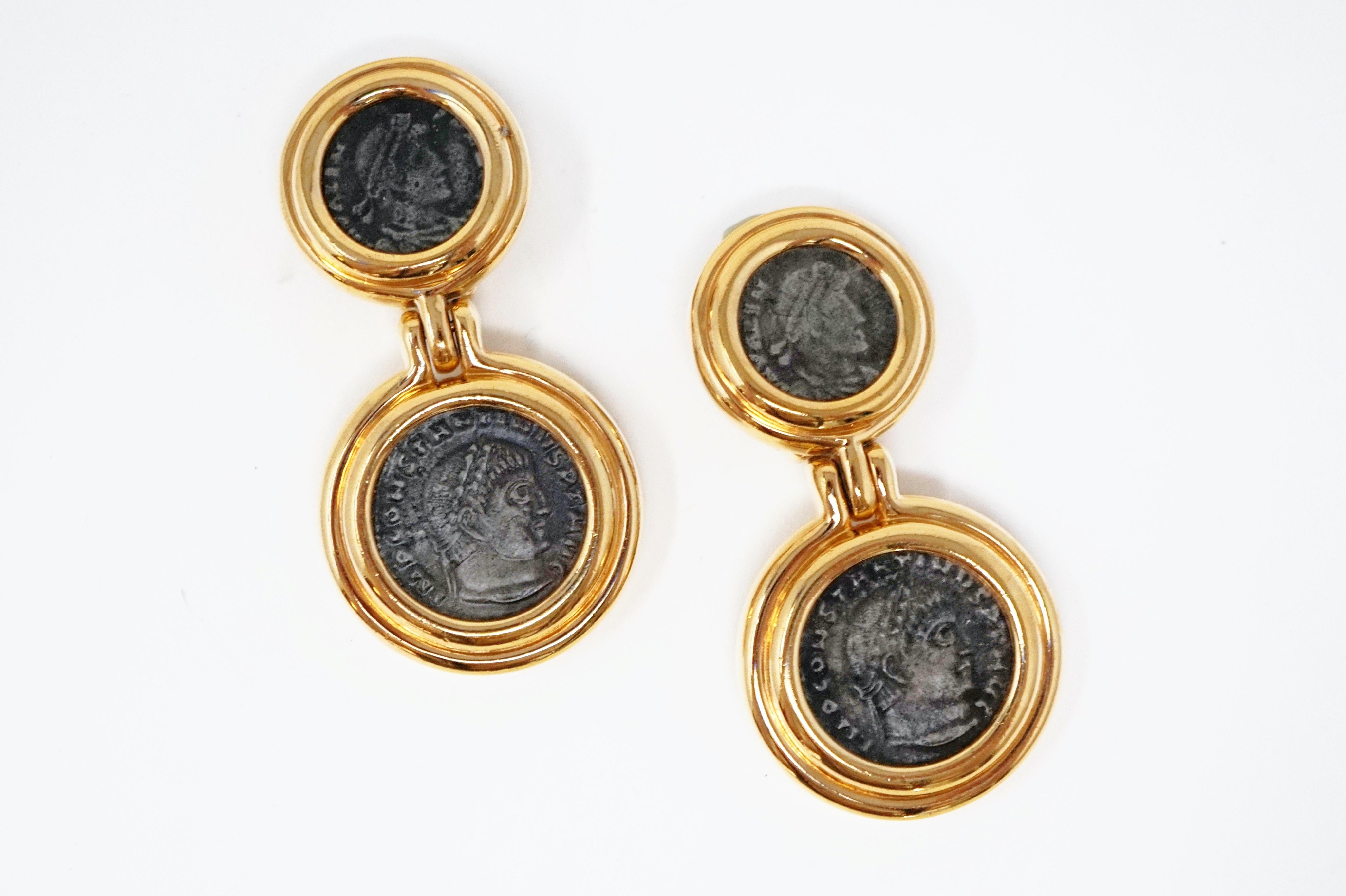 Vintage Roman Coin Gilt Statement Drop Earrings by Ciner In Excellent Condition In McKinney, TX
