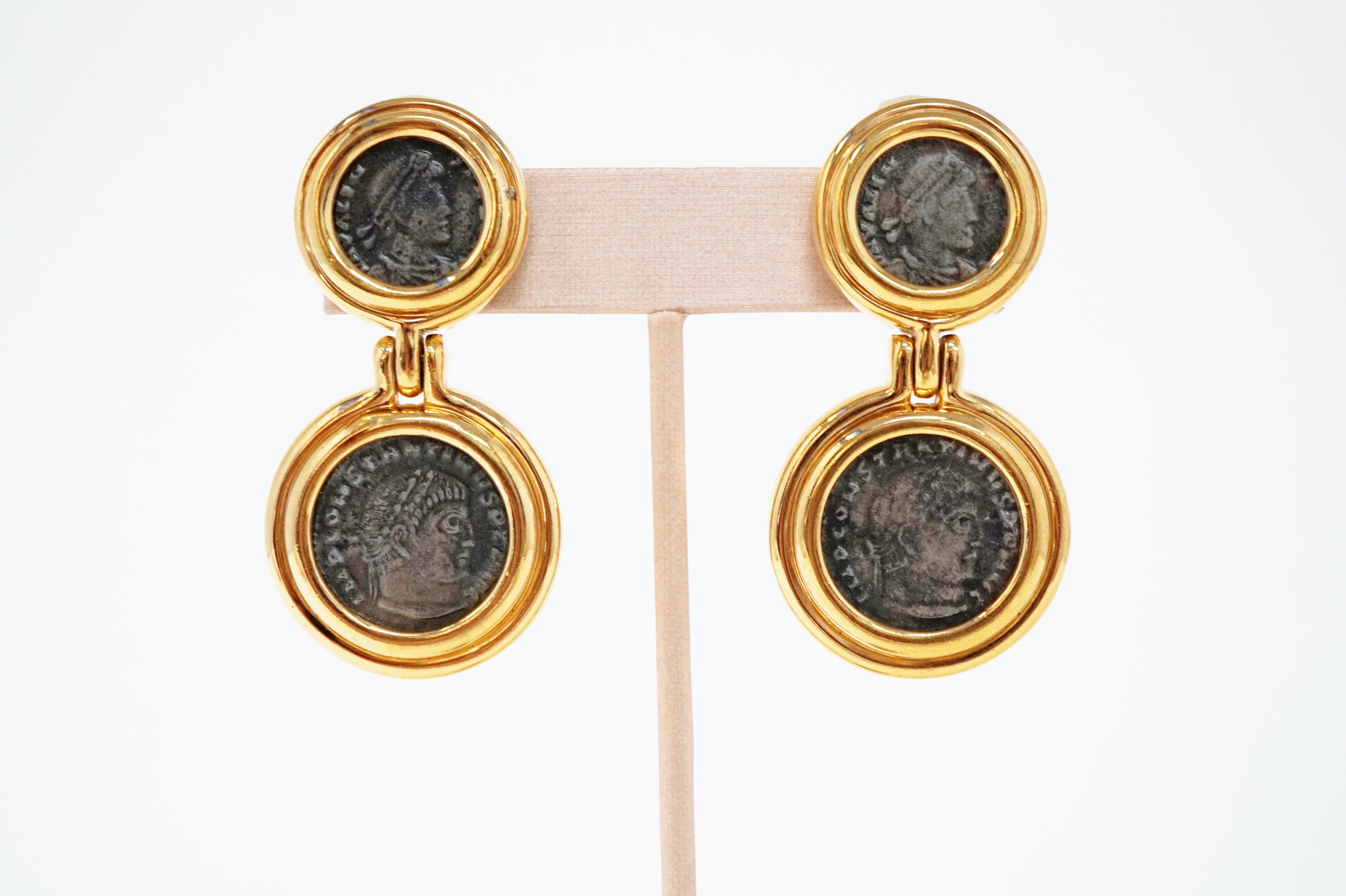 Vintage Roman Coin Gilt Statement Drop Earrings by Ciner 3