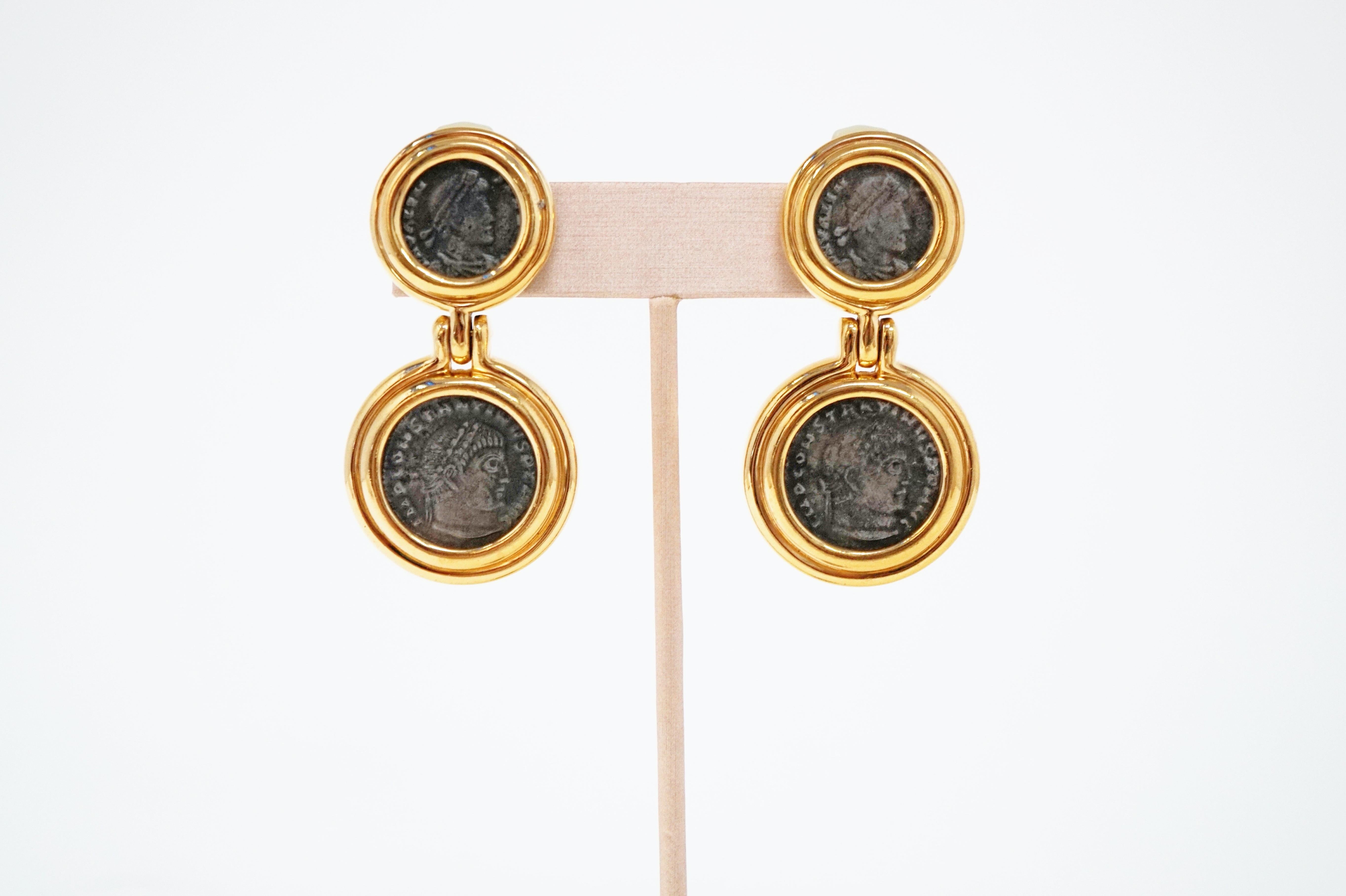 Vintage Roman Coin Gilt Statement Drop Earrings by Ciner 4
