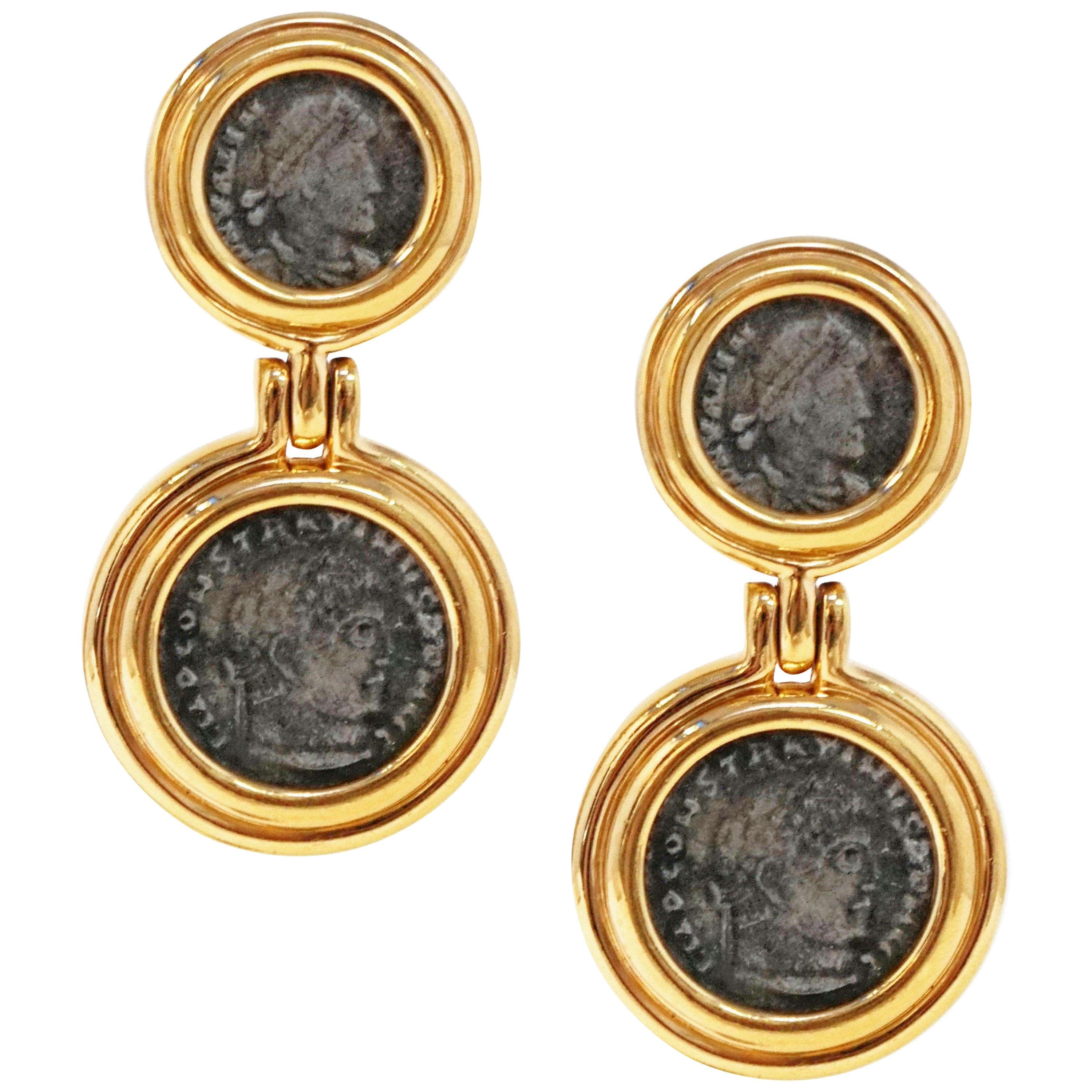 Vintage Roman Coin Gilt Statement Drop Earrings by Ciner