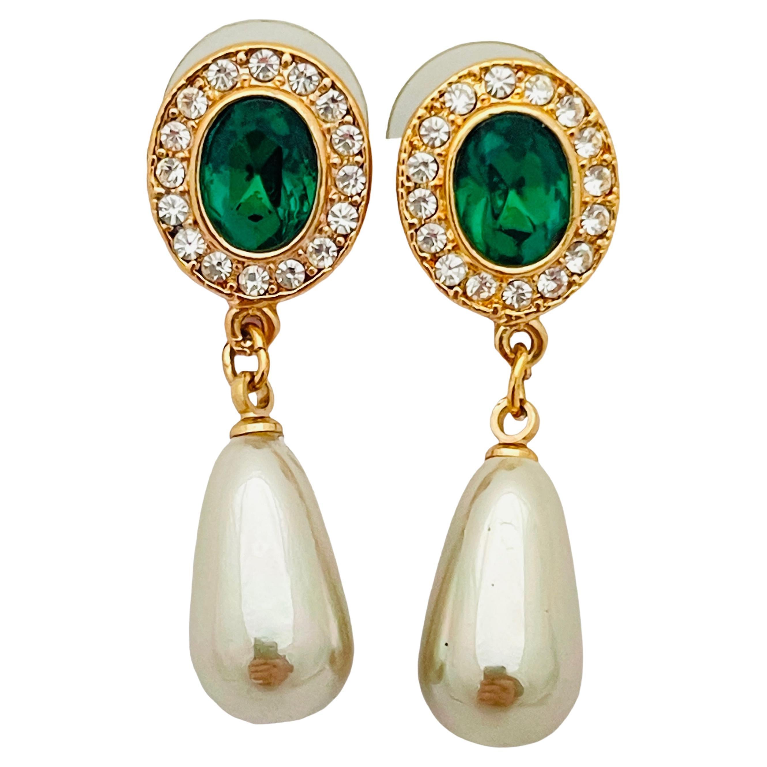 Vintage ROMAN gold emerald glass drop pearl designer earrings For Sale