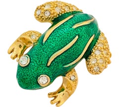 Vintage ROMAN gold enamel rhinestone frog designer runway brooch