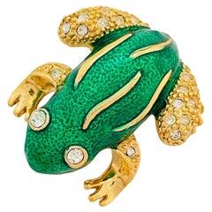 Vintage ROMAN gold enamel rhinestone frog designer runway brooch