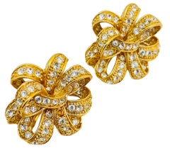 Vintage ROMAN gold rhinestone bow designer runway clip on earrings