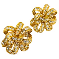 Vintage ROMAN gold rhinestone bow designer runway clip on earrings