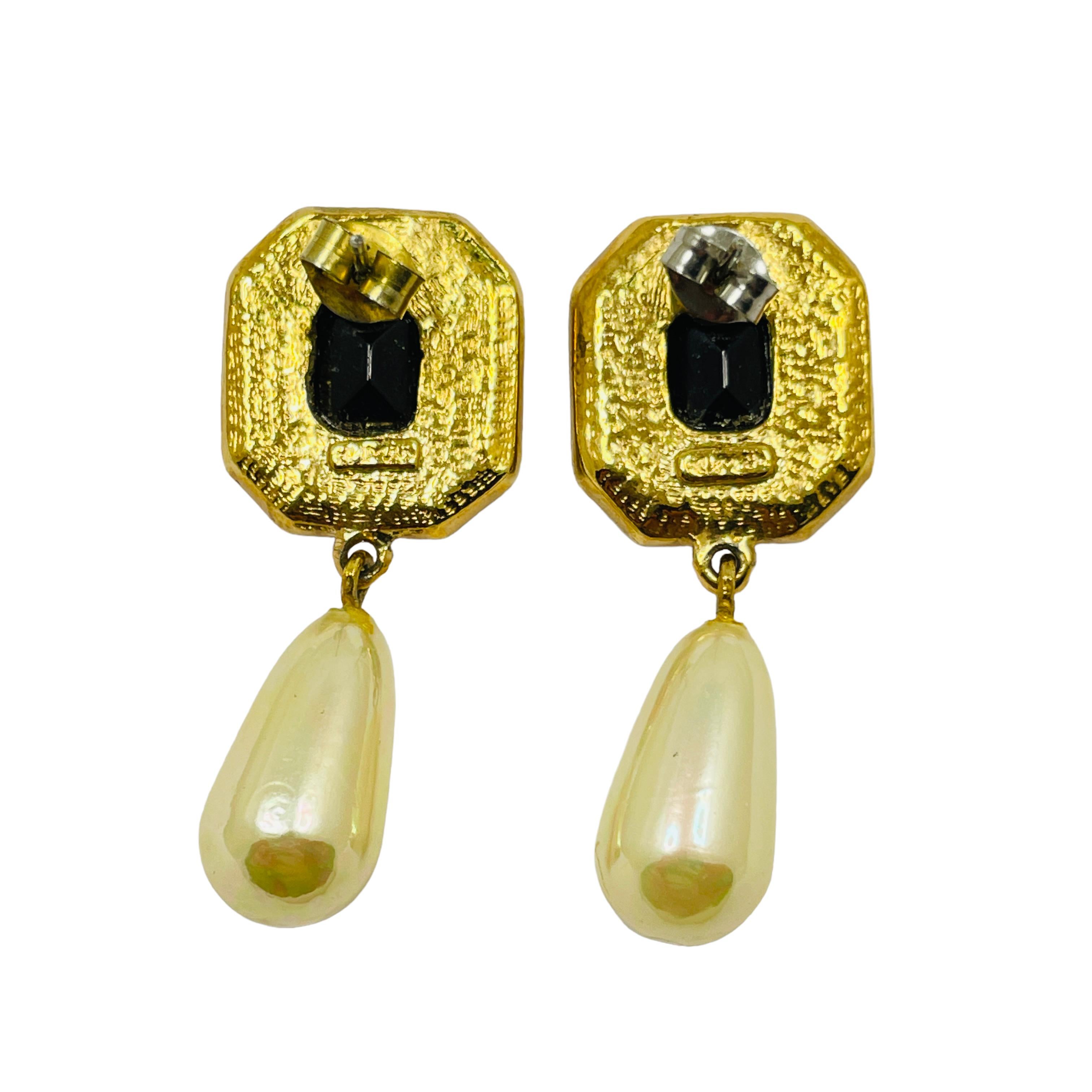 Women's or Men's Vintage ROMAN gold rhinestones dangle pearl designer runway pierced earrings For Sale
