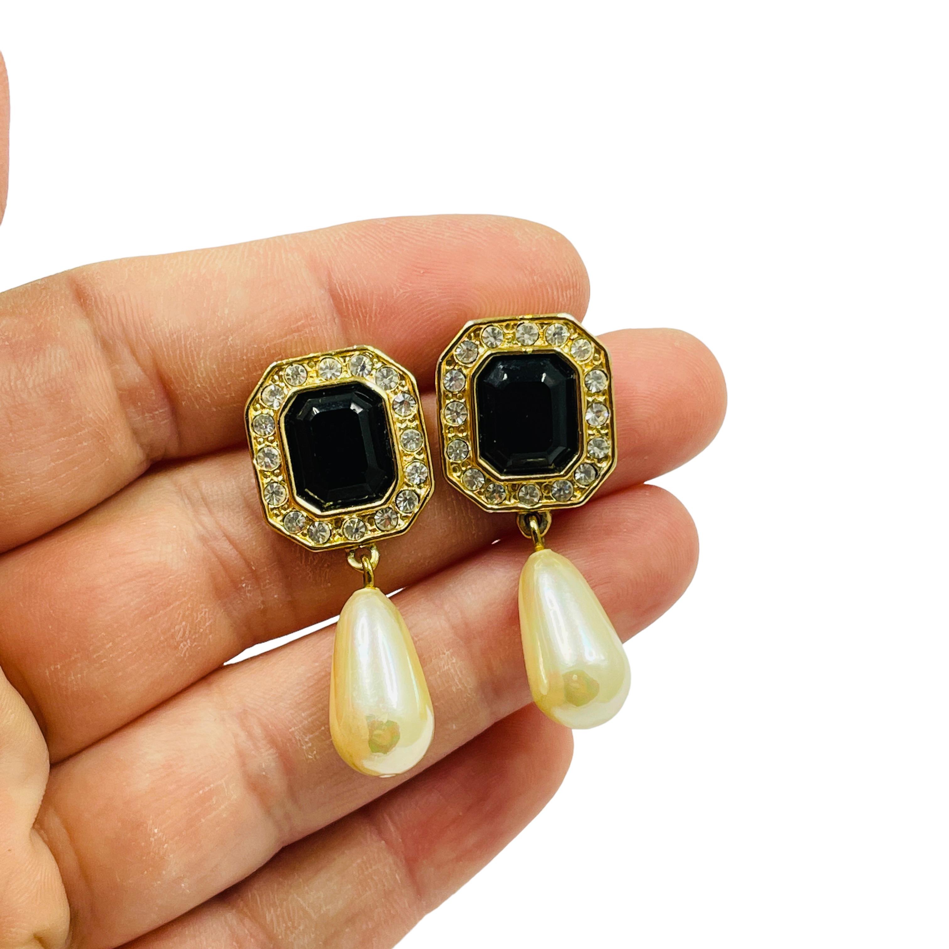 Vintage ROMAN gold rhinestones dangle pearl designer runway pierced earrings For Sale 1