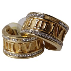 Vintage Roman Numeral Rhinestone & 14k Gold Plated Hoop Earrings