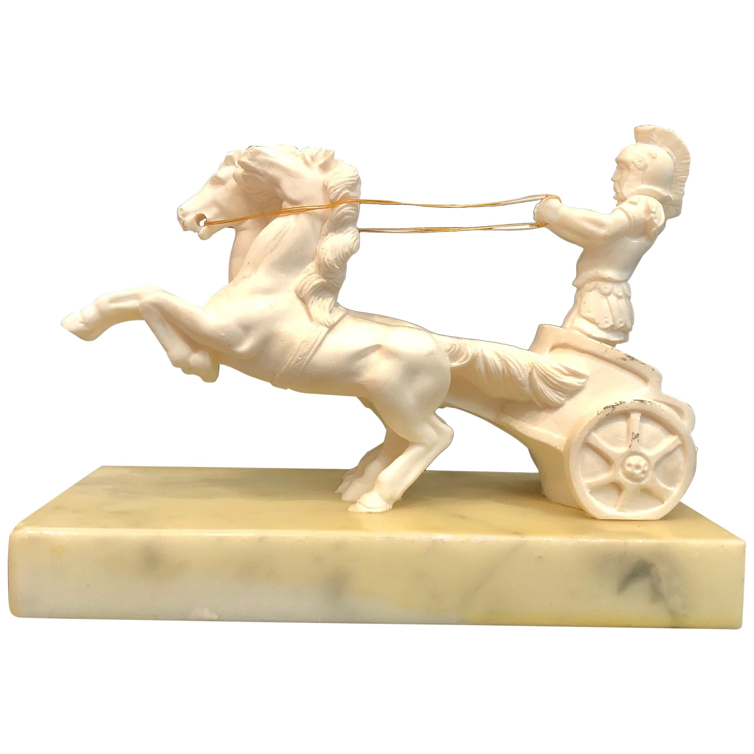 Vintage Roman Soldier and Chariot Horses Sculpture on Marble Base