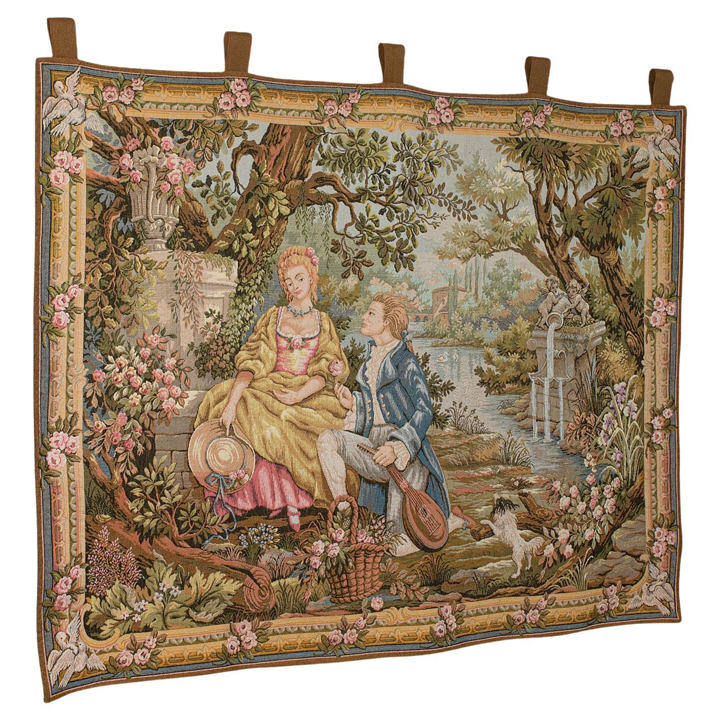 Vintage Romance Tapestry, French, Needlepoint, Decorative Panel, Continental For Sale
