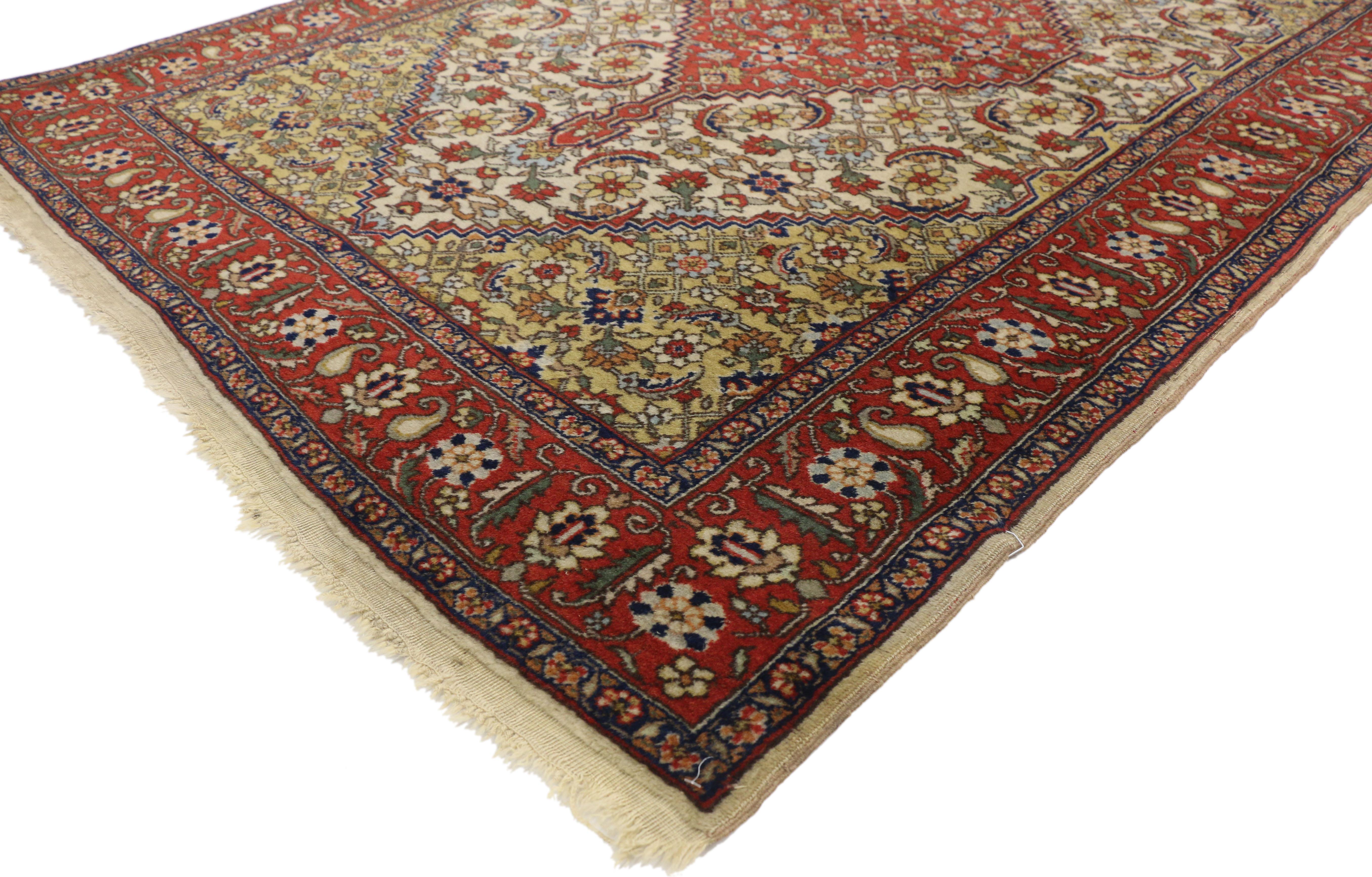 74300, vintage Romanian accent rug with Herati Mahi fish design. This hand knotted wool vintage Romanian accent rug features a lovely all-over geometric pattern composed of Herati motifs. The Herati motif consists of curving sickle leaves
