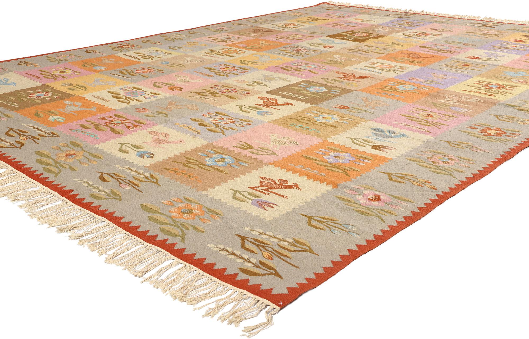 78019 Vintage Romanian Bessarabian Kilim Rug, 08'11 x 12'00. Romanian kilim rugs are traditional flat-woven rugs crafted using wool, cotton, or a blend of both, featuring vibrant colors and geometric patterns inspired by nature, folklore, and