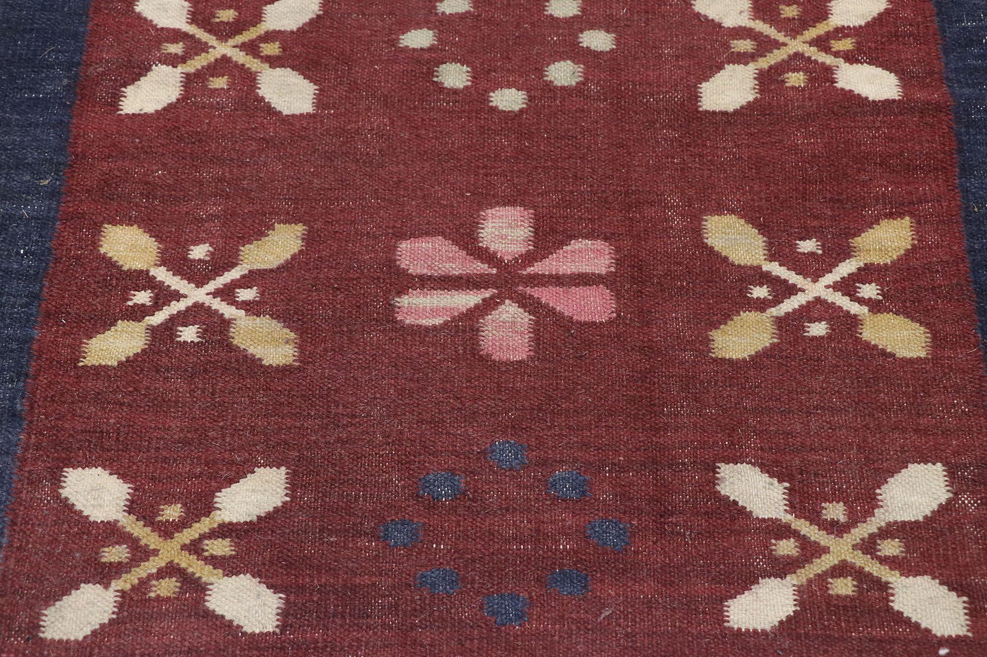 Hand-Woven Vintage Romanian Floral Kilim Rug with Boho Chic Farmhouse Style
