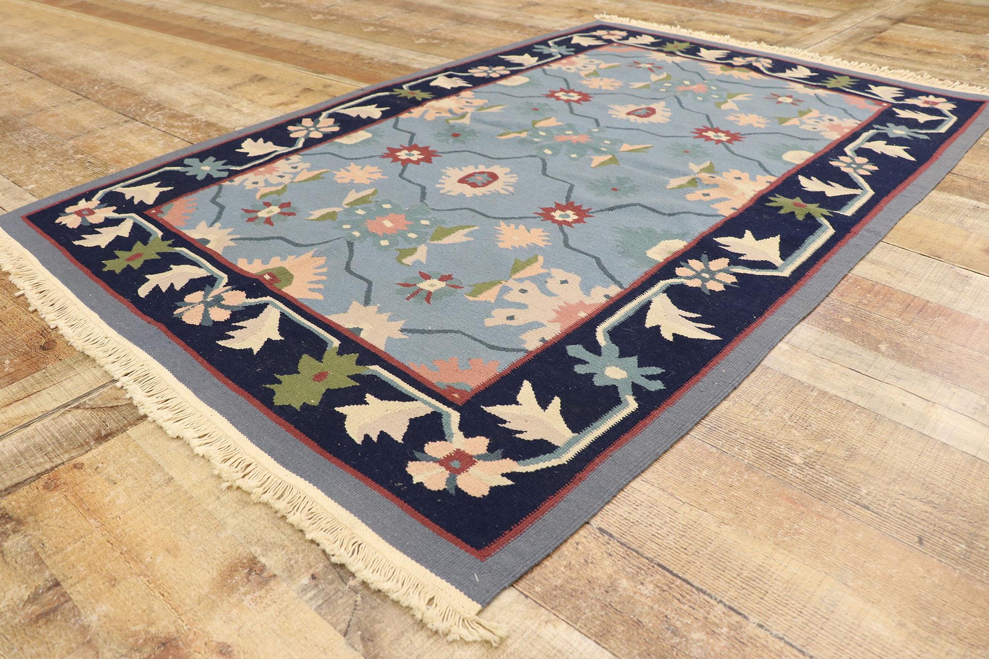 Hand-Woven Vintage Romanian Floral Kilim Rug with Folk Art Cottage Style For Sale