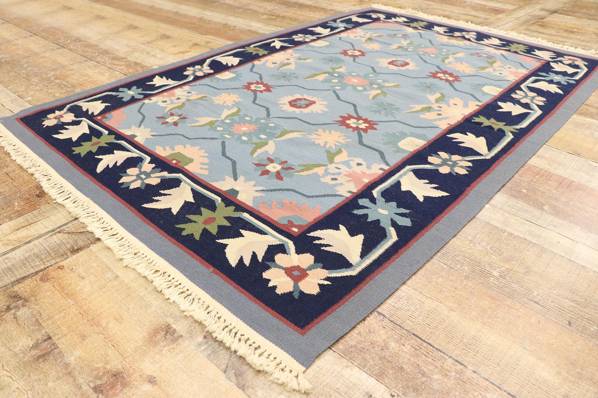 Hand-Woven Vintage Romanian Floral Kilim Rug with Folk Art Cottage Style For Sale