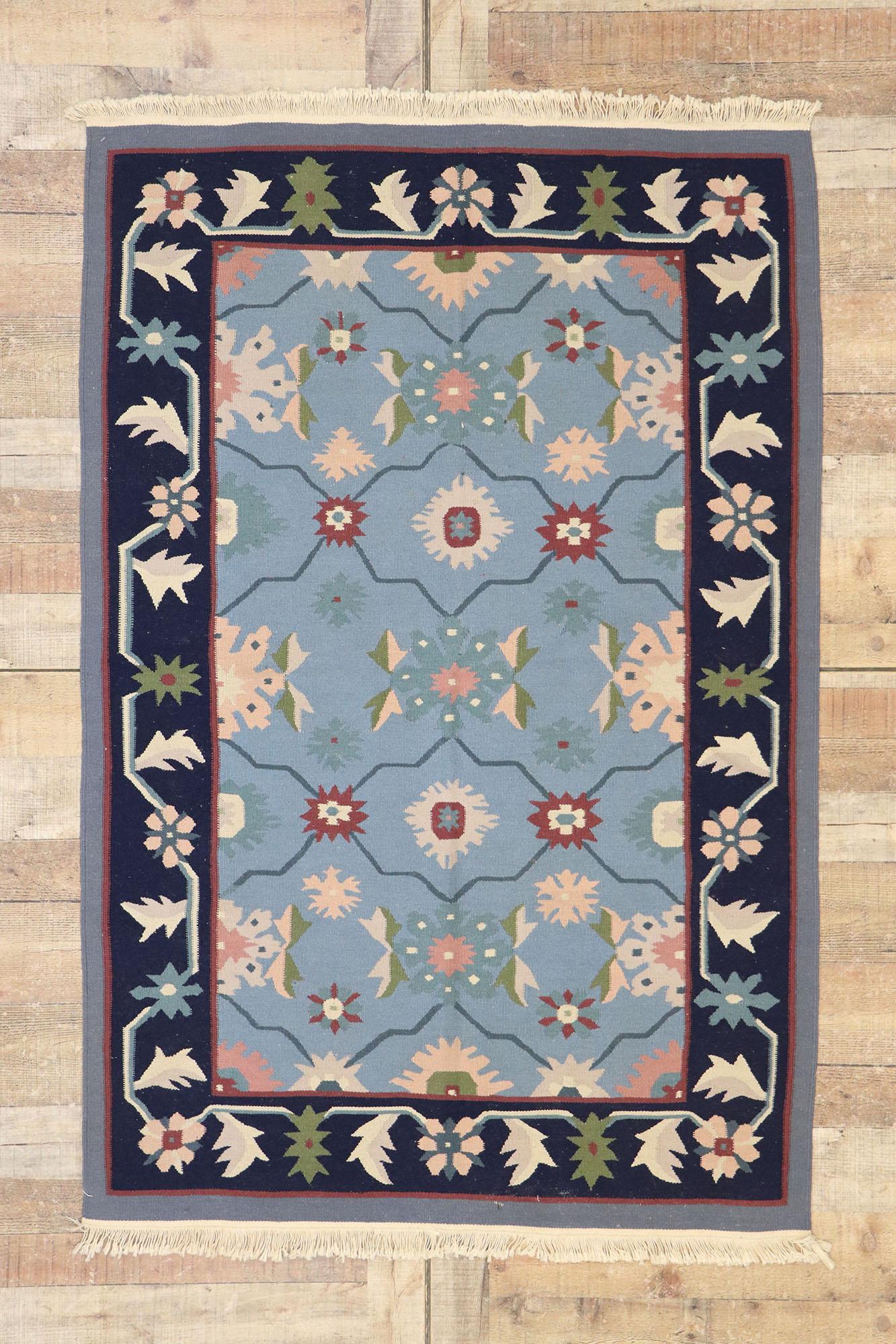20th Century Vintage Romanian Floral Kilim Rug with Folk Art Cottage Style For Sale