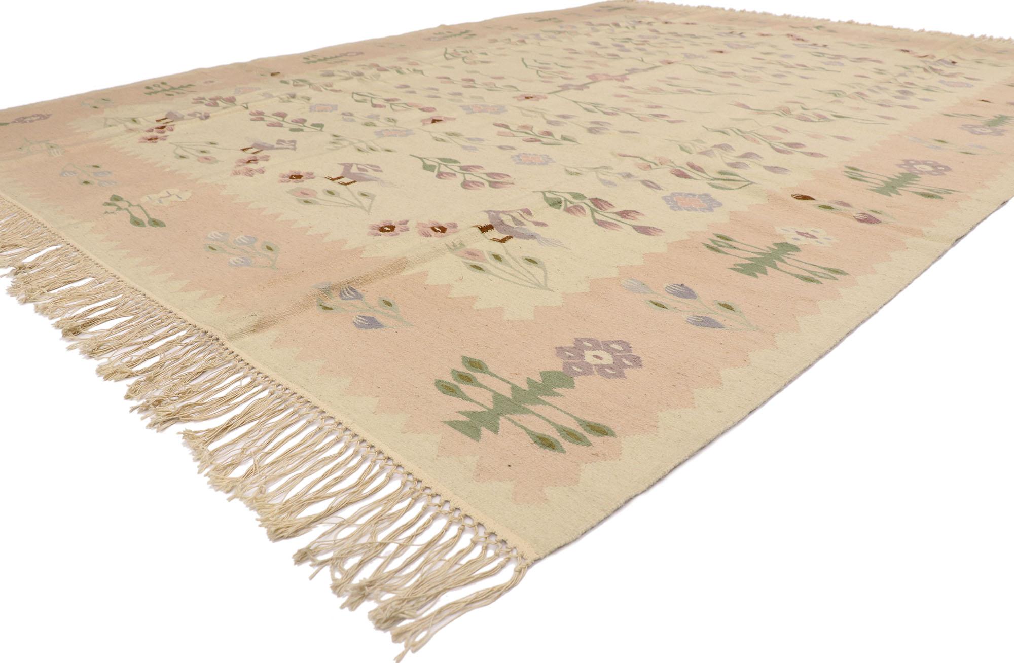 77965 Vintage Romanian Floral Kilim rug with French Cottage Style 08'08 x 11'10. Full of tiny details and a delicate floral pattern combined with French Cottage style, this hand-woven wool vintage Romanian kilim rug is a captivating vision of woven