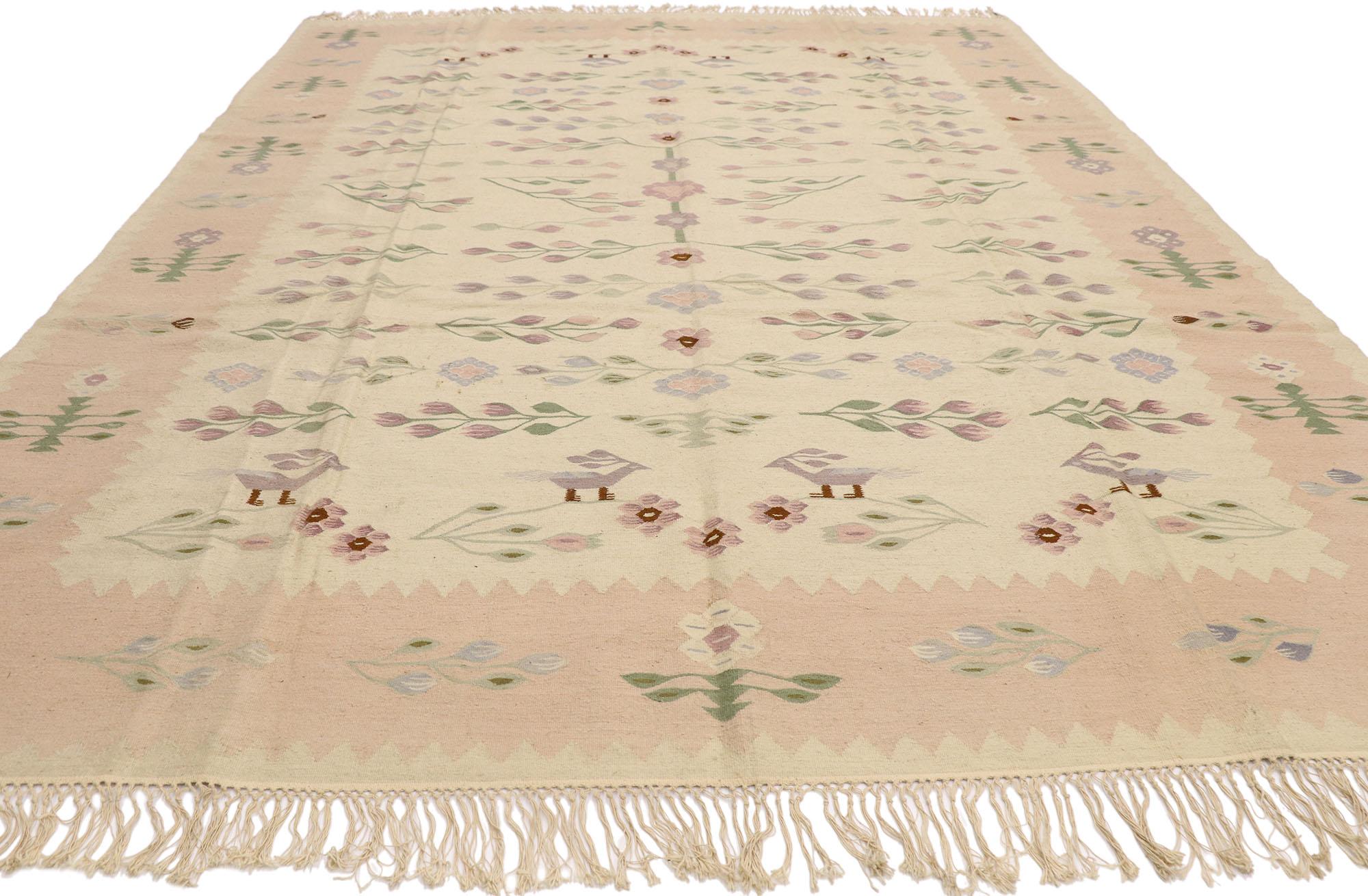 Hand-Woven Vintage Romanian Floral Kilim Rug with French Cottage Style