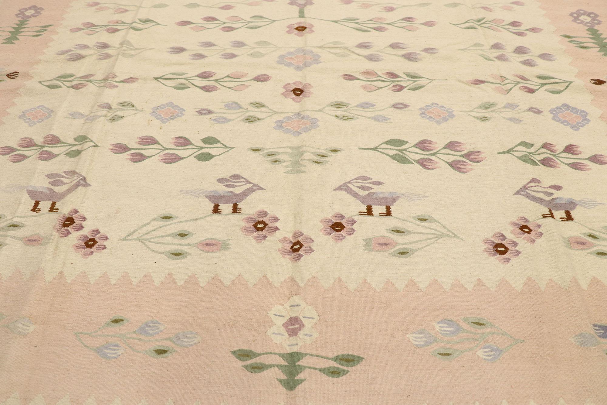 Tissé à la main Tapis Kilim roumain vintage  fleurs avec style cottage franais