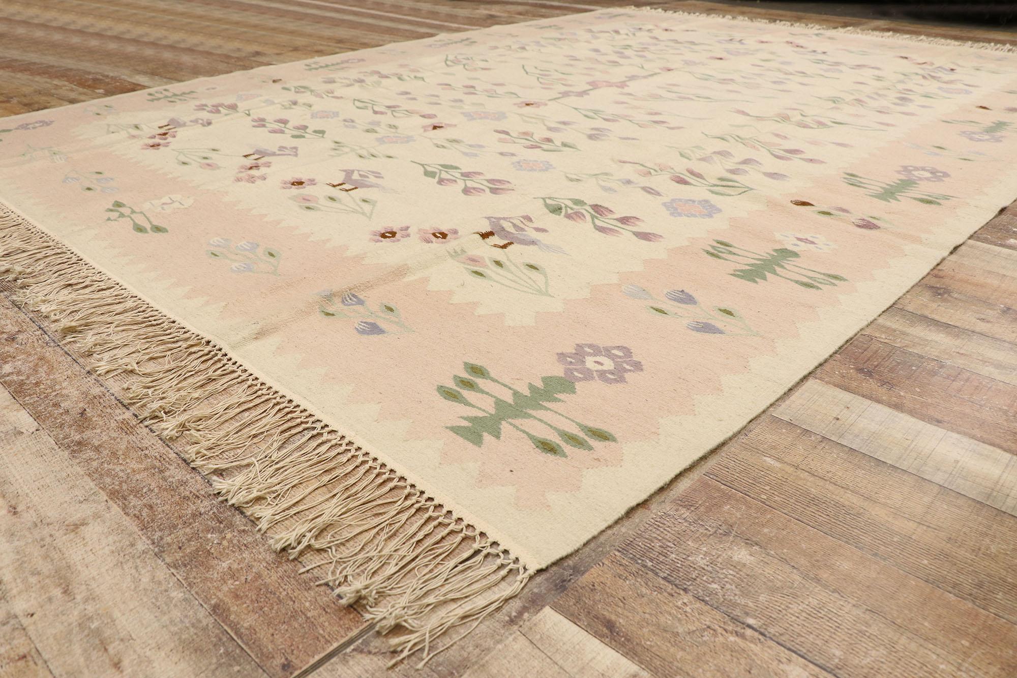 Wool Vintage Romanian Floral Kilim Rug with French Cottage Style