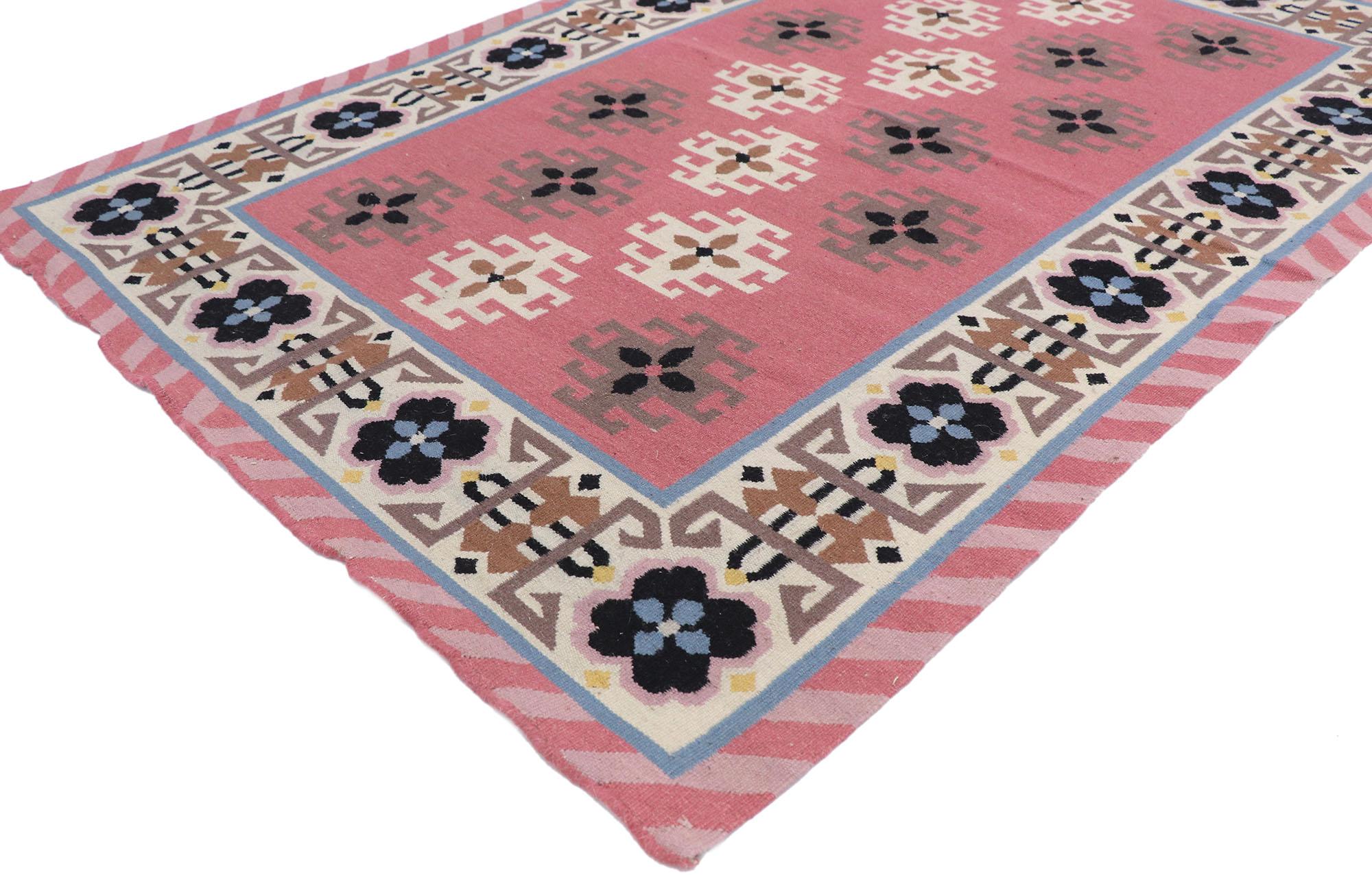 77811, vintage Romanian Geometric Kilim rug with boho chic Tribal style. Showcasing a bold expressive design, incredible detail and texture, this hand woven wool vintage Romanian Kilim rug is a captivating vision of woven beauty. The abrashed dark