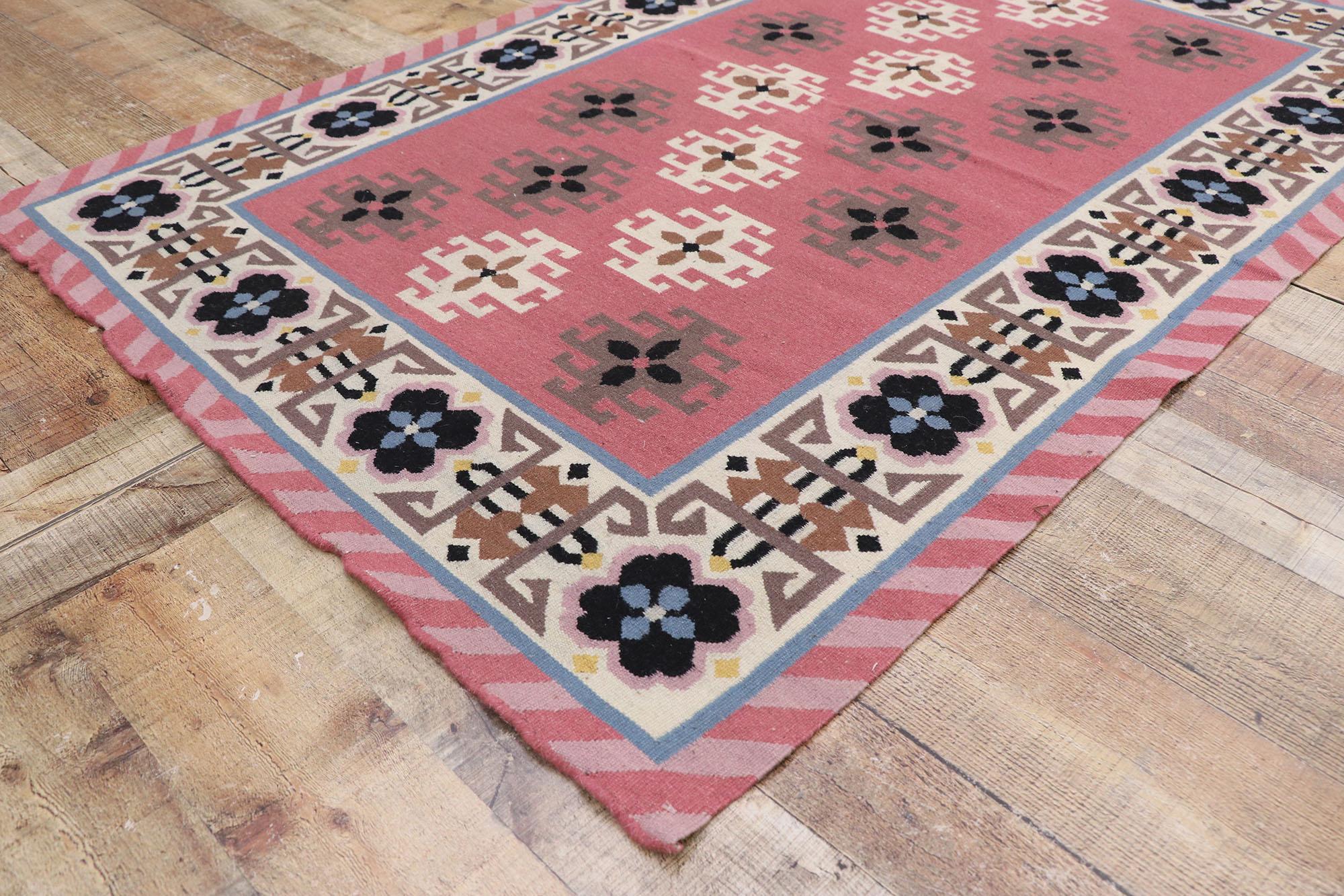 Hand-Woven Vintage Romanian Geometric Kilim Rug with Boho Chic Tribal Style For Sale