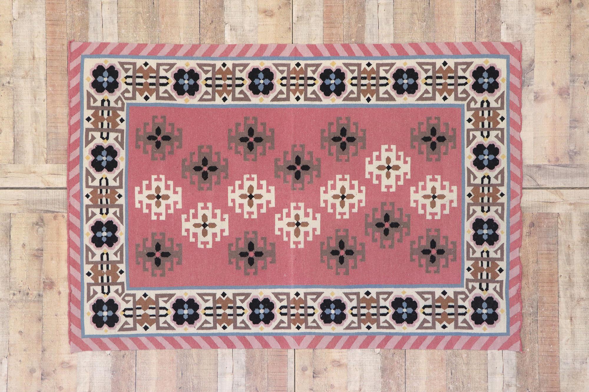 20th Century Vintage Romanian Geometric Kilim Rug with Boho Chic Tribal Style For Sale