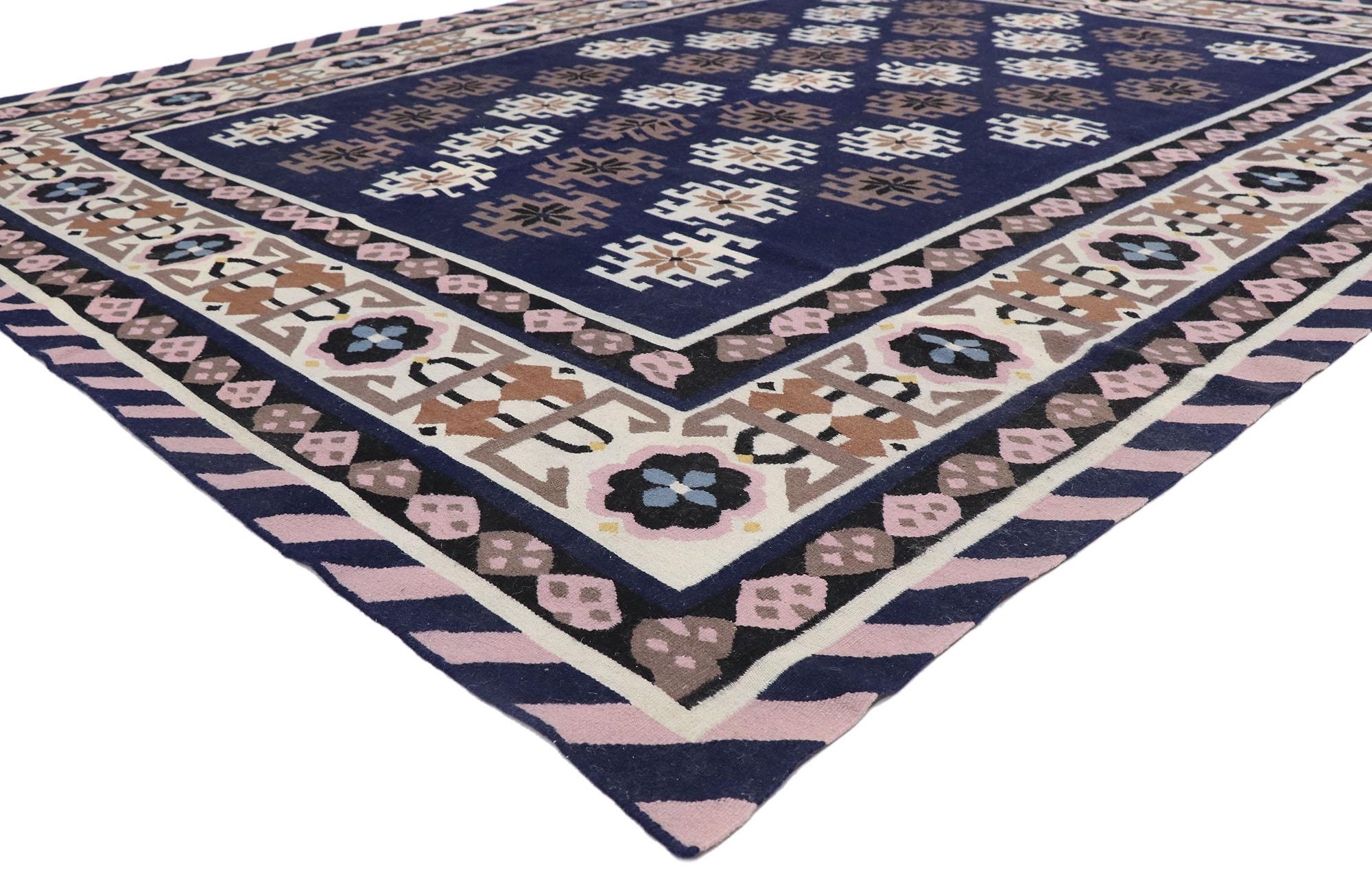 78021 Vintage Romanian Geometric Kilim rug with Modern Style 08'02 x 10'00. Showcasing a bold expressive design, incredible detail and texture, this hand woven wool vintage Romanian kilim rug is a captivating vision of woven beauty. The abrashed