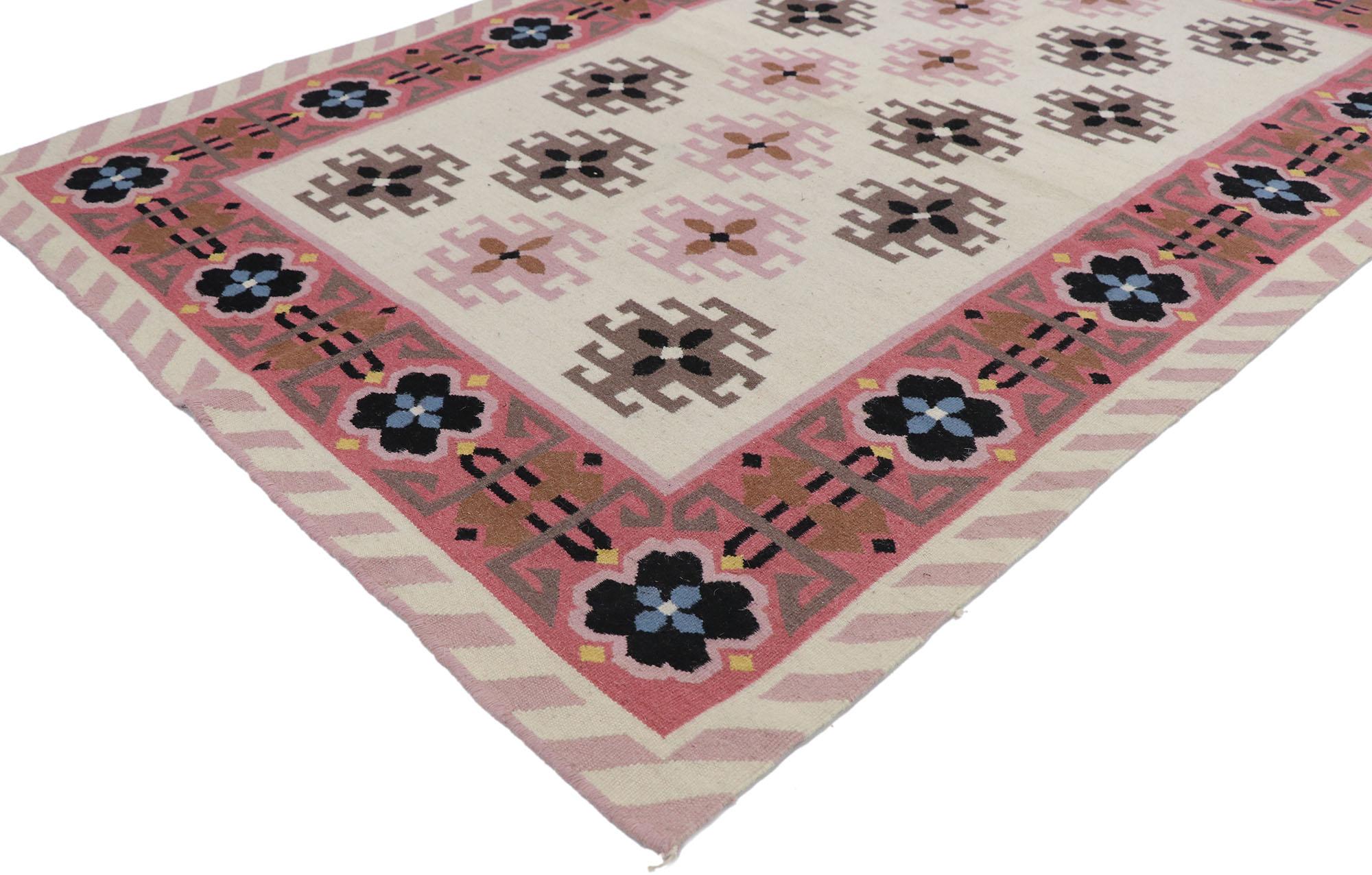 77804 Vintage Romanian Geometric Kilim rug with Modern Tribal style 04'01 x 06'00. Showcasing a bold expressive design, incredible detail and texture, this hand woven wool vintage Romanian kilim rug is a captivating vision of woven beauty. The