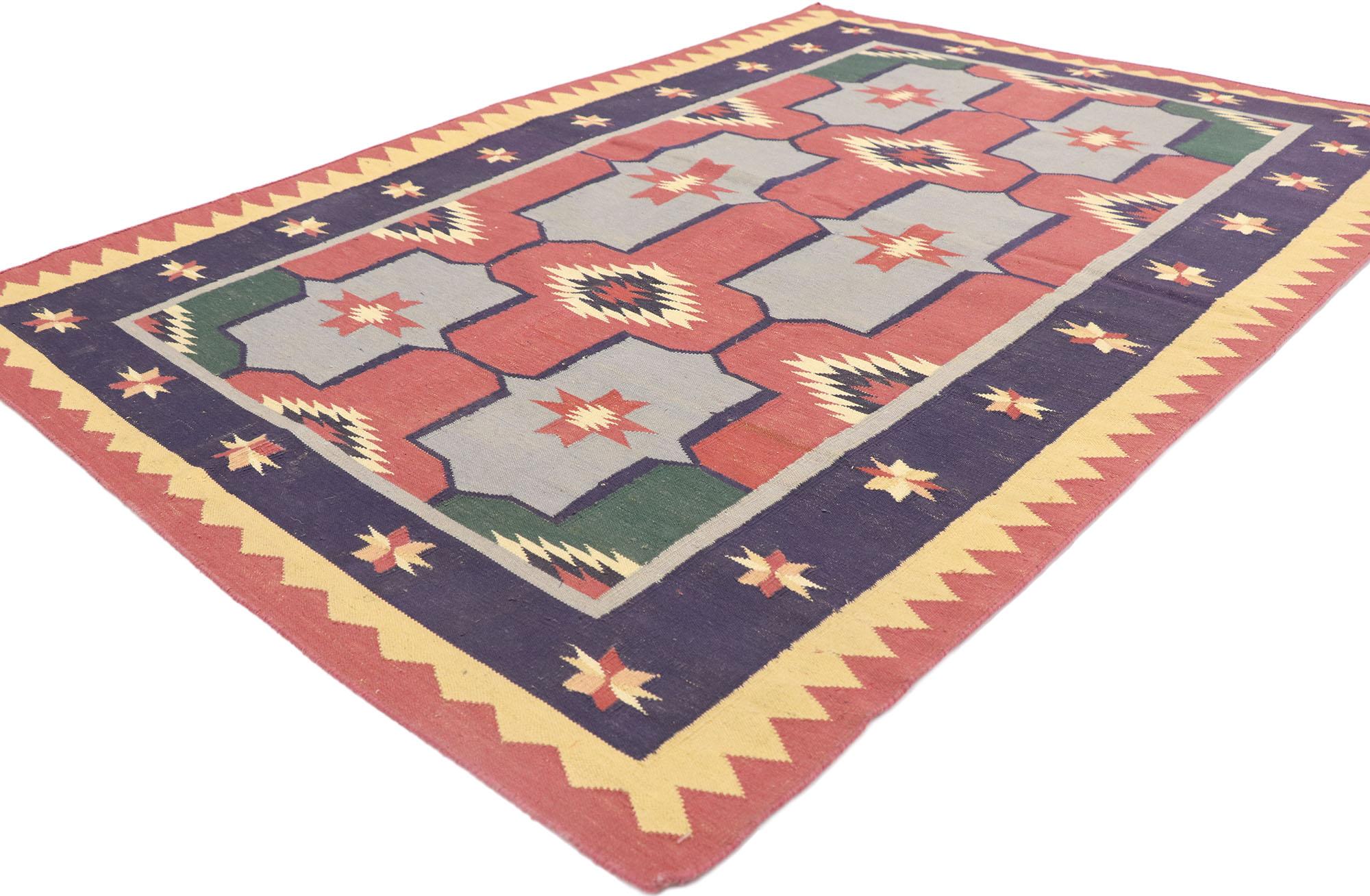 77986 Vintage Romanian Geometric Kilim rug with Modern Tribal Style 03'11 x 05'11. Showcasing an expressive tribal design, incredible detail and texture, this hand woven wool vintage Romanian kilim rug is a captivating vision of woven beauty. The