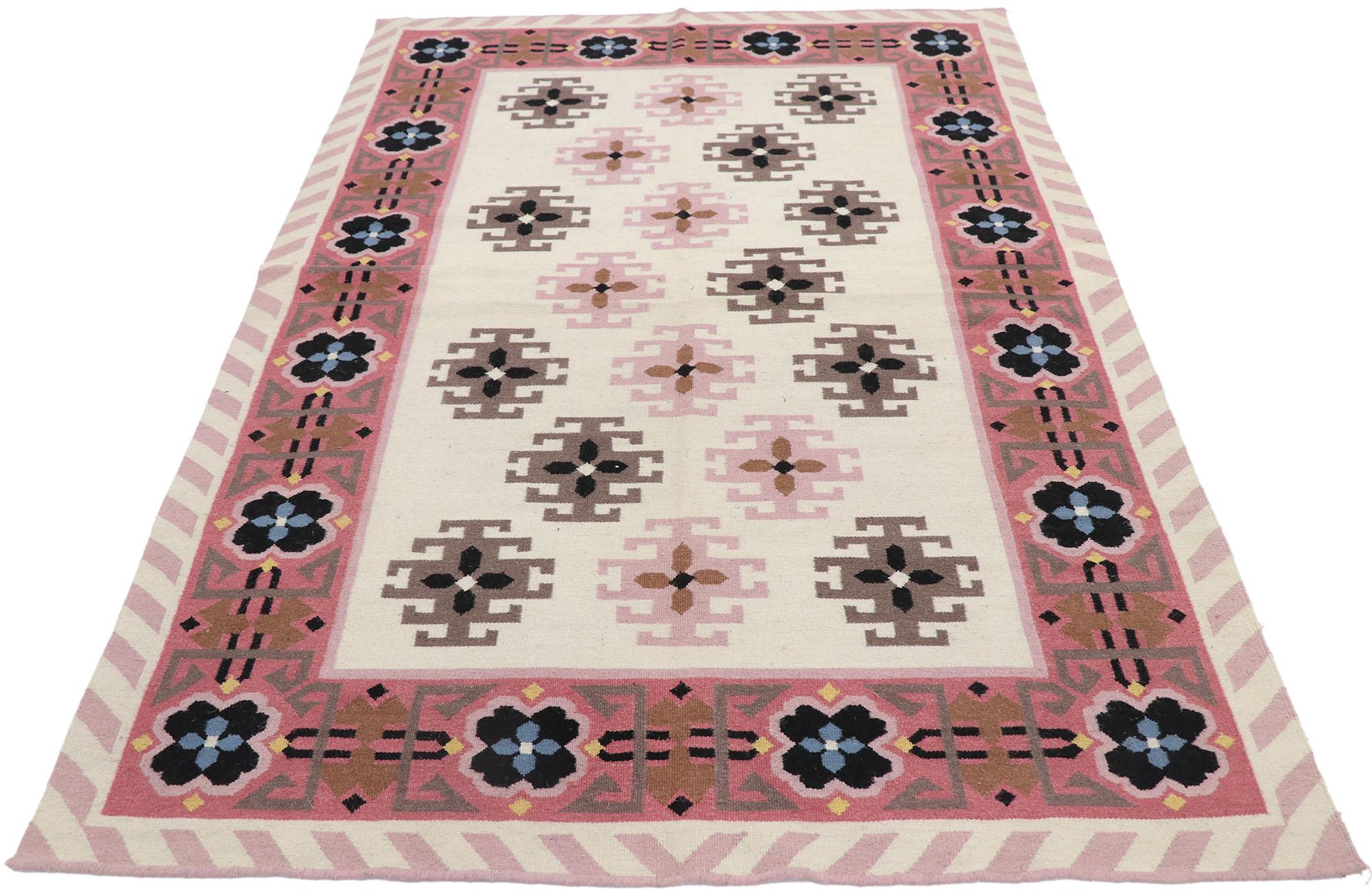 Hand-Woven Vintage Romanian Geometric Kilim Rug with Modern Tribal Style For Sale