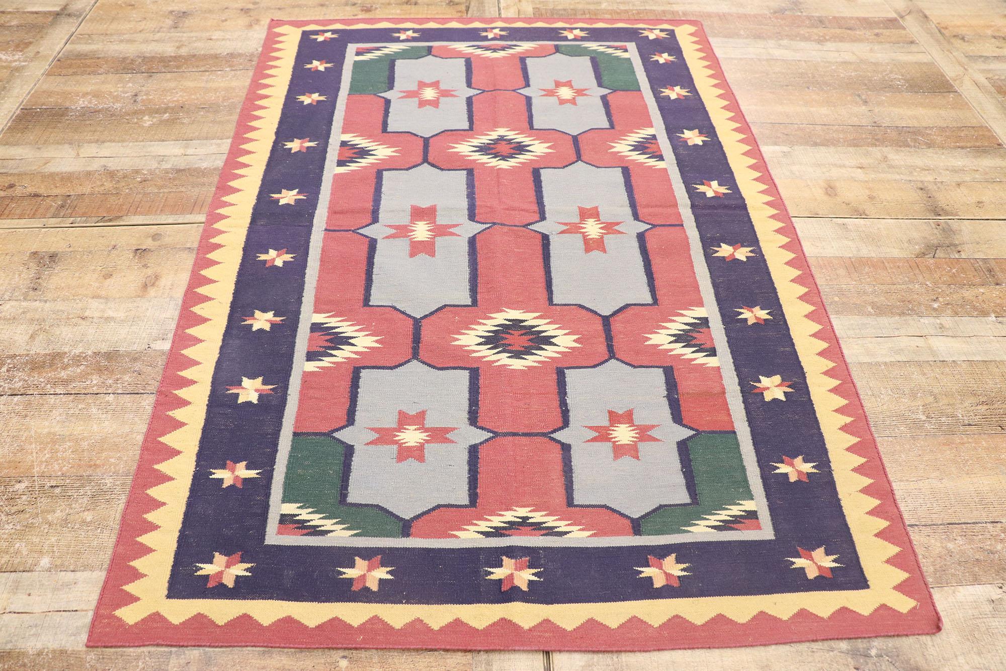 20th Century Vintage Romanian Geometric Kilim Rug with Modern Tribal Style For Sale