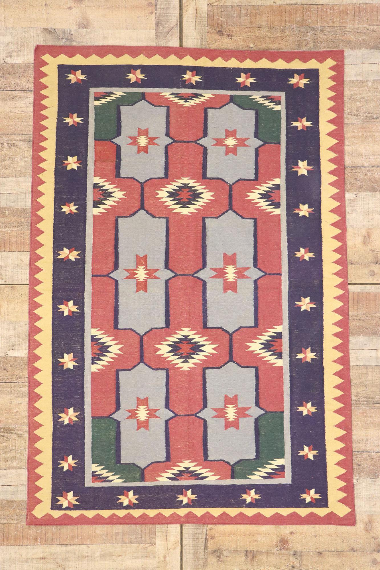 Wool Vintage Romanian Geometric Kilim Rug with Modern Tribal Style For Sale