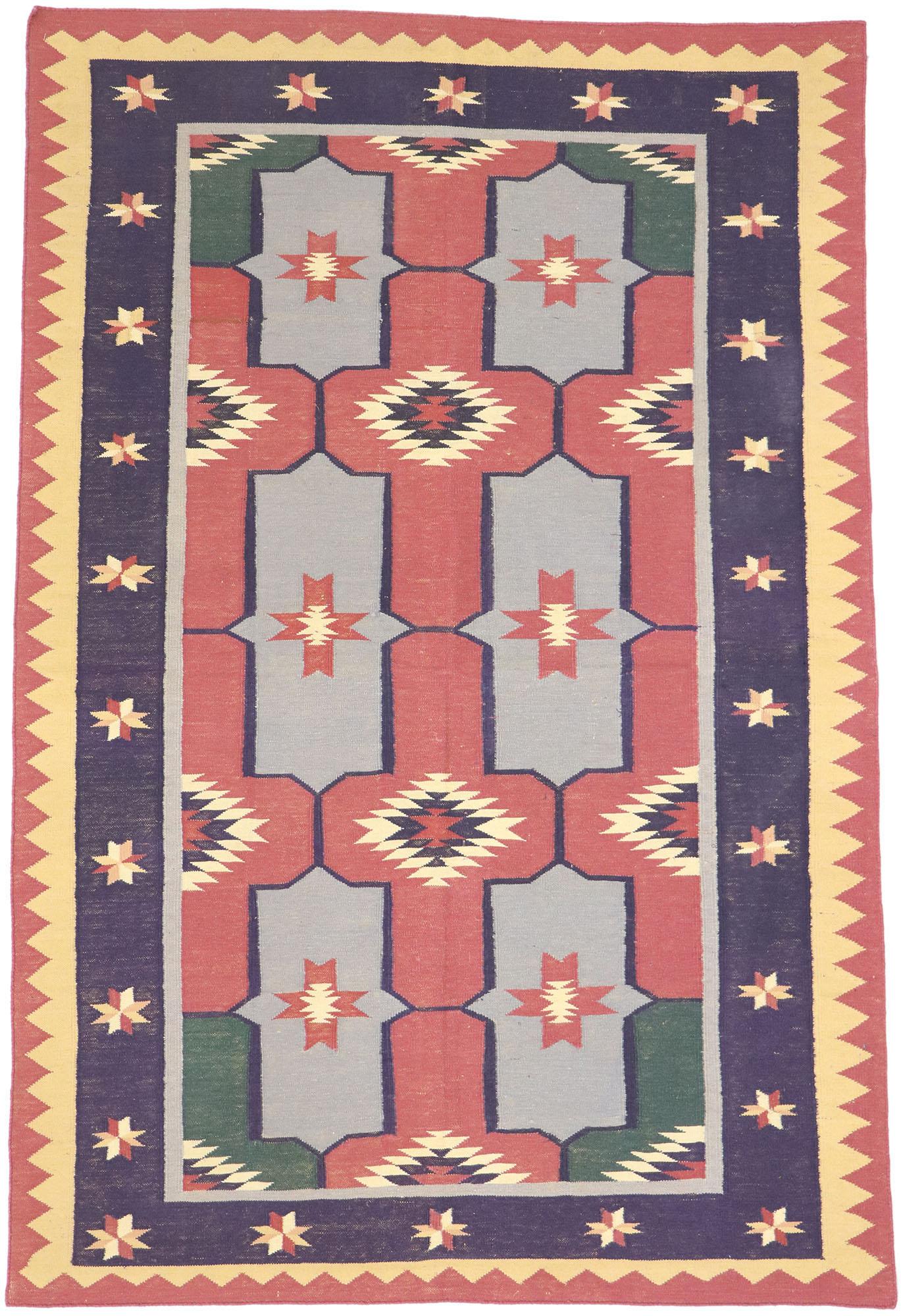 Vintage Romanian Geometric Kilim Rug with Modern Tribal Style For Sale 1