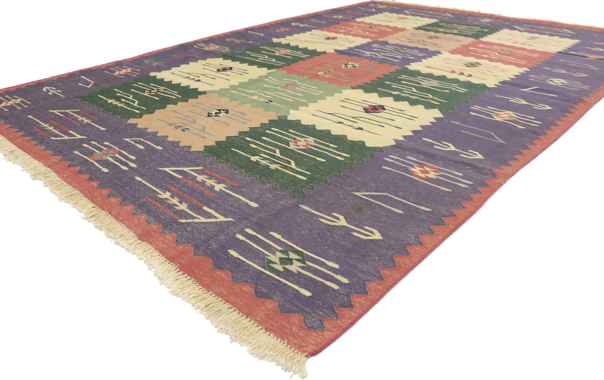 77936 Vintage Romanian Kilim rug 06'00 x 08'11. With its effortless beauty and timeless style, this hand-woven wool vintage Romanian floral kilim rug is a captivating vision of woven beauty. The abrashed beige field beautifully displays a garden