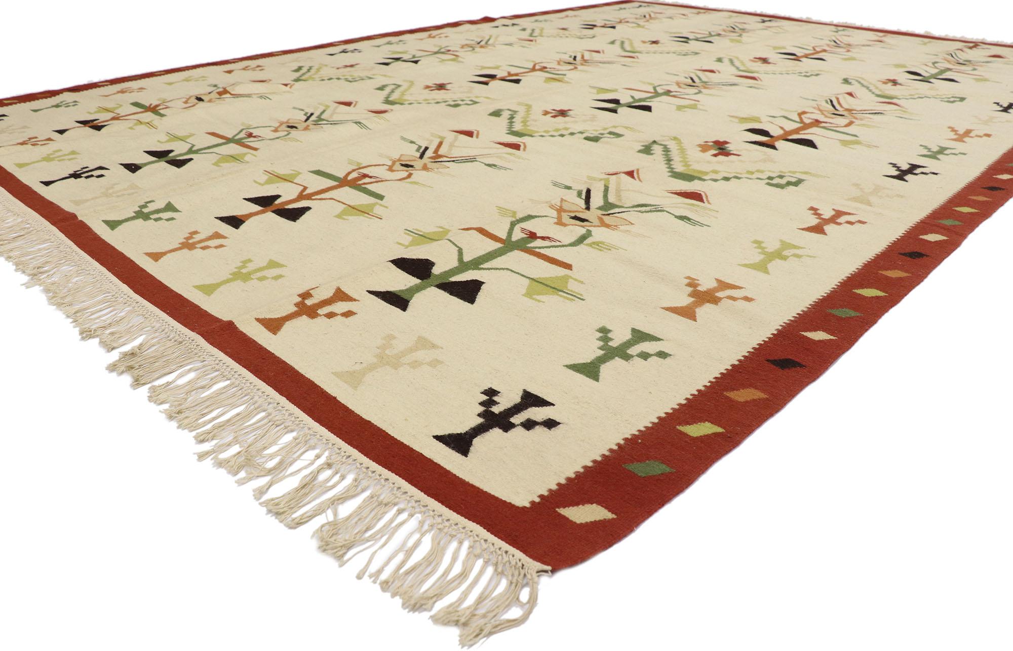 78014 Vintage Romanian Kilim rug with Folk Art Biophilic Design 08'09 x 12'00.?? Full of tiny details and reflecting elements of nature, this hand-woven wool vintage Romanian kilim rug is a captivating vision of woven beauty. The abrashed beige