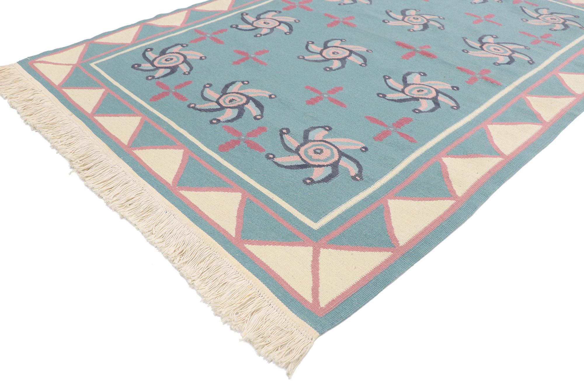 77805 vintage Romanian Kilim rug with Folk Art style 04'02 x 06'00. Emanating charm with an expressive design, this hand woven wool vintage Romanian kilim rug beautifully embodies a bohemian tribal style. The abrashed field features an all-over