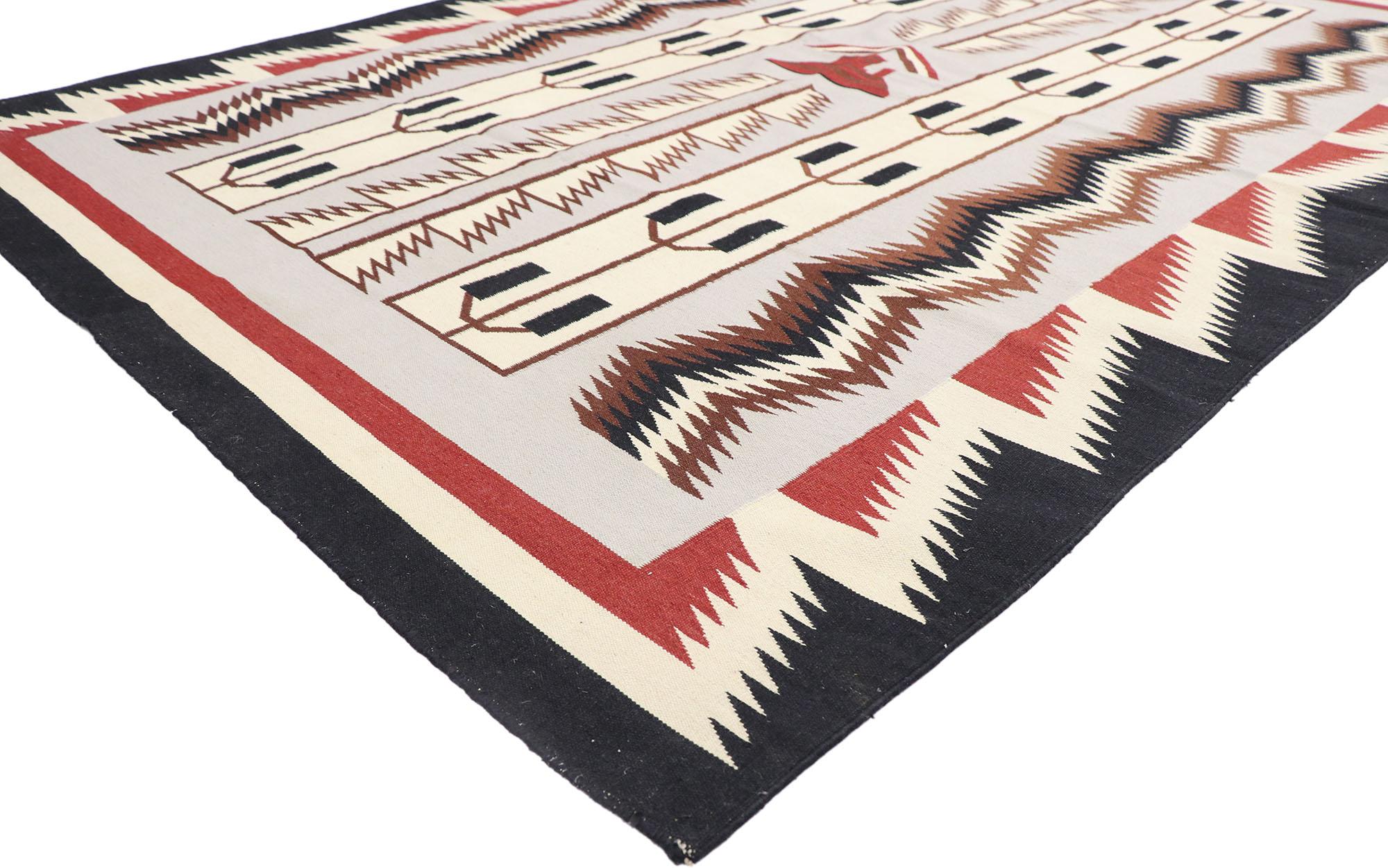 77922, vintage Romanian Kilim rug with Two Grey Hills Tribal style. With its bold expressive design, incredible detail and texture, this hand-woven wool vintage Romanian Kilim rug is a captivating vision of woven beauty highlighting tribal style