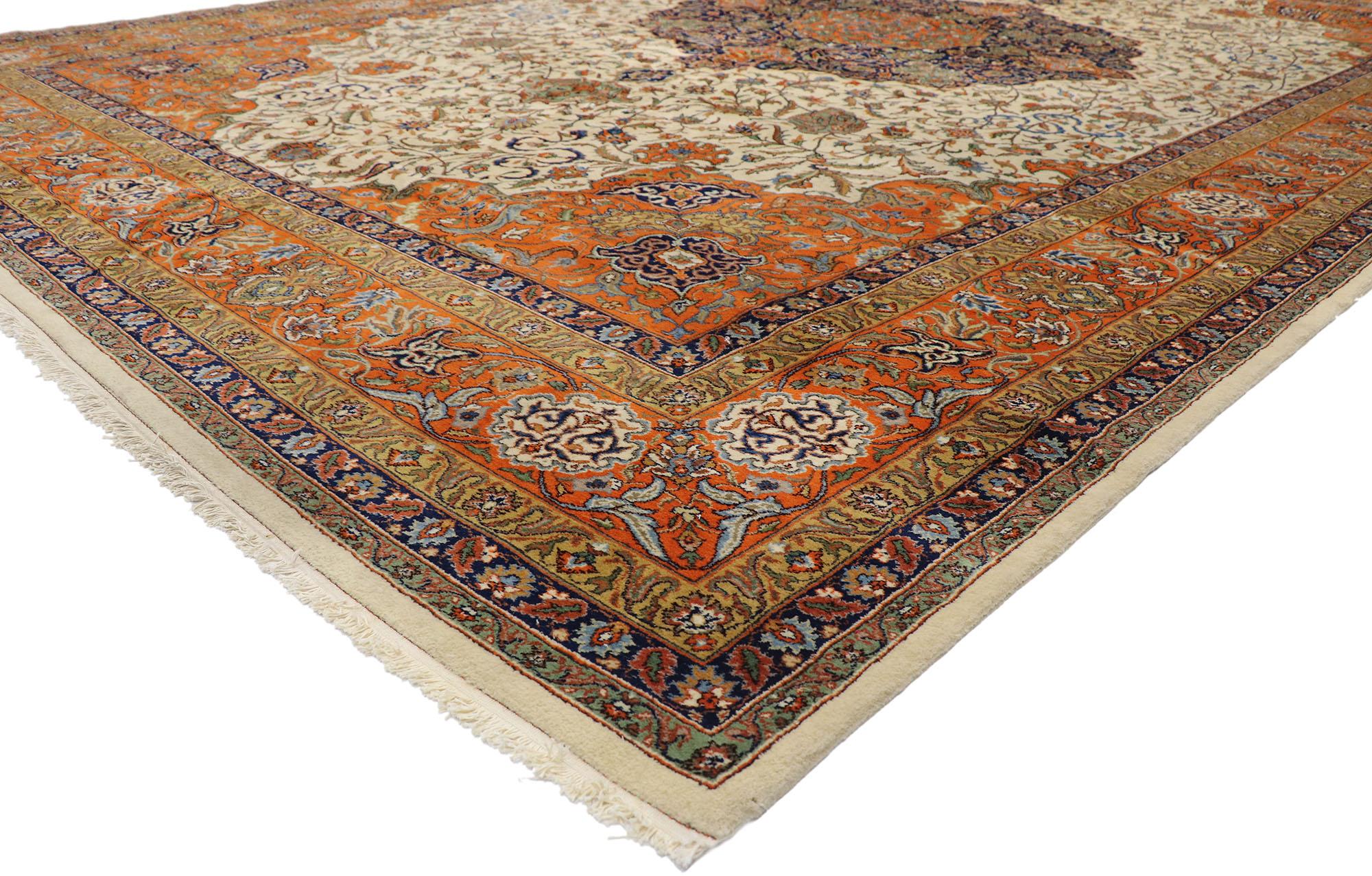76657, vintage Romanian Palace size rug with old world Art Nouveau cottage style. With architectural elements of curved arabesque forms and decorative detailing, this hand knotted wool vintage Romanian palace size rug embodies a combination of Old