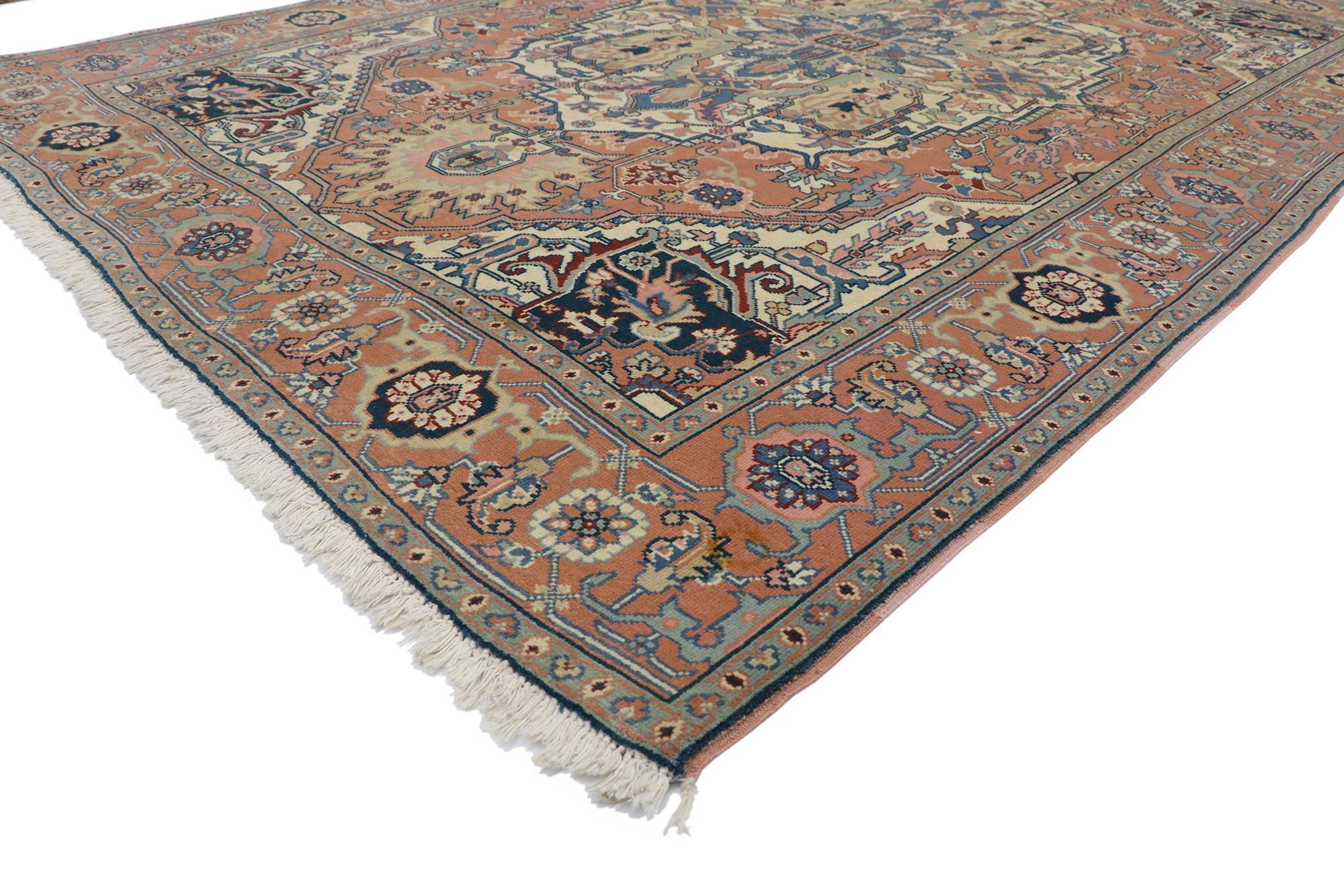 72042 Vintage Romanian Serapi Rug, 06'01 x 08'11. Romanian Serapi rugs are intricately designed handwoven carpets originating from Romania, renowned for their vibrant colors, geometric patterns, and floral motifs. Crafted with high-quality wool by