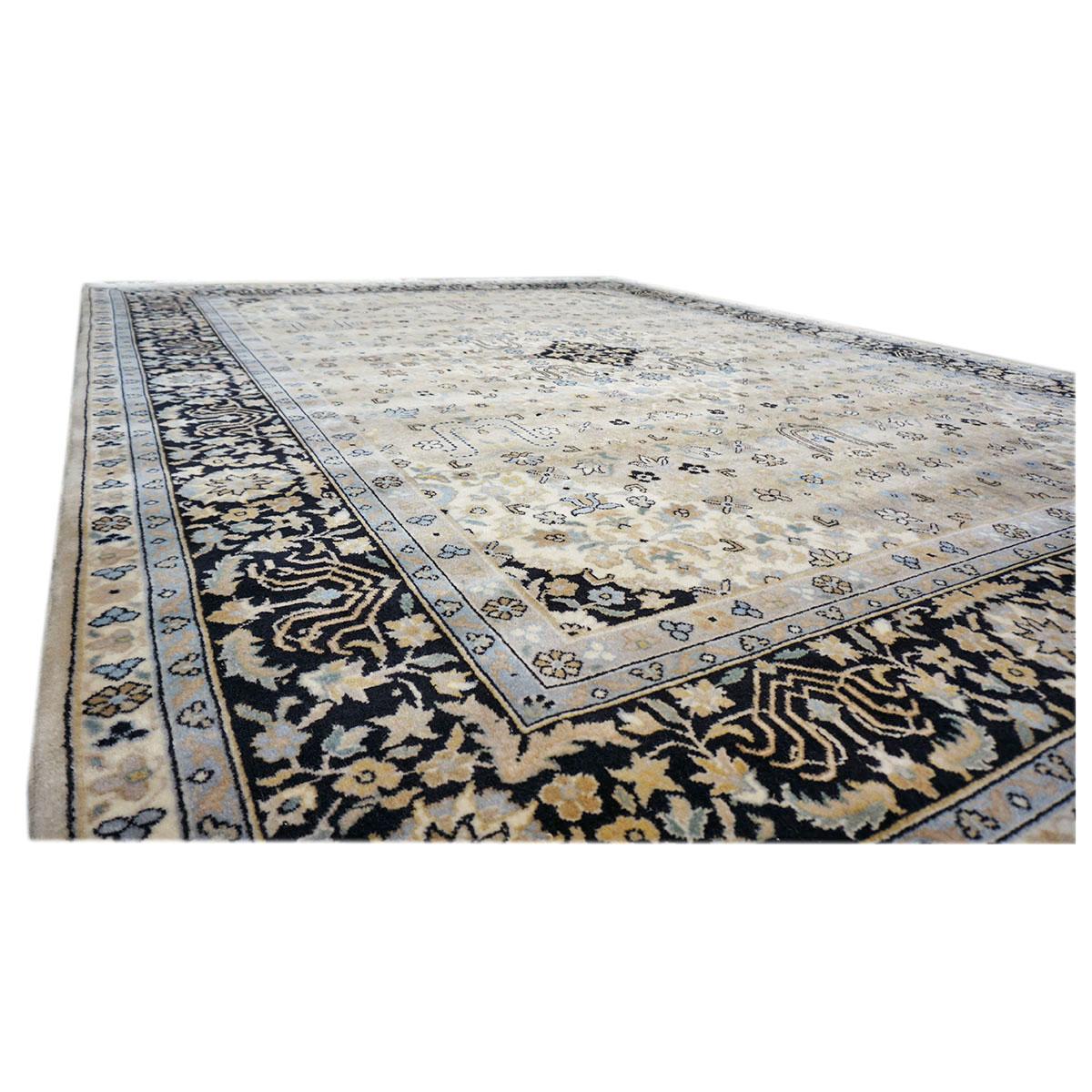 Vintage Romanian Tabriz 9x12 Tan, Ivory & Black Handmade Area Rug In Good Condition For Sale In Houston, TX