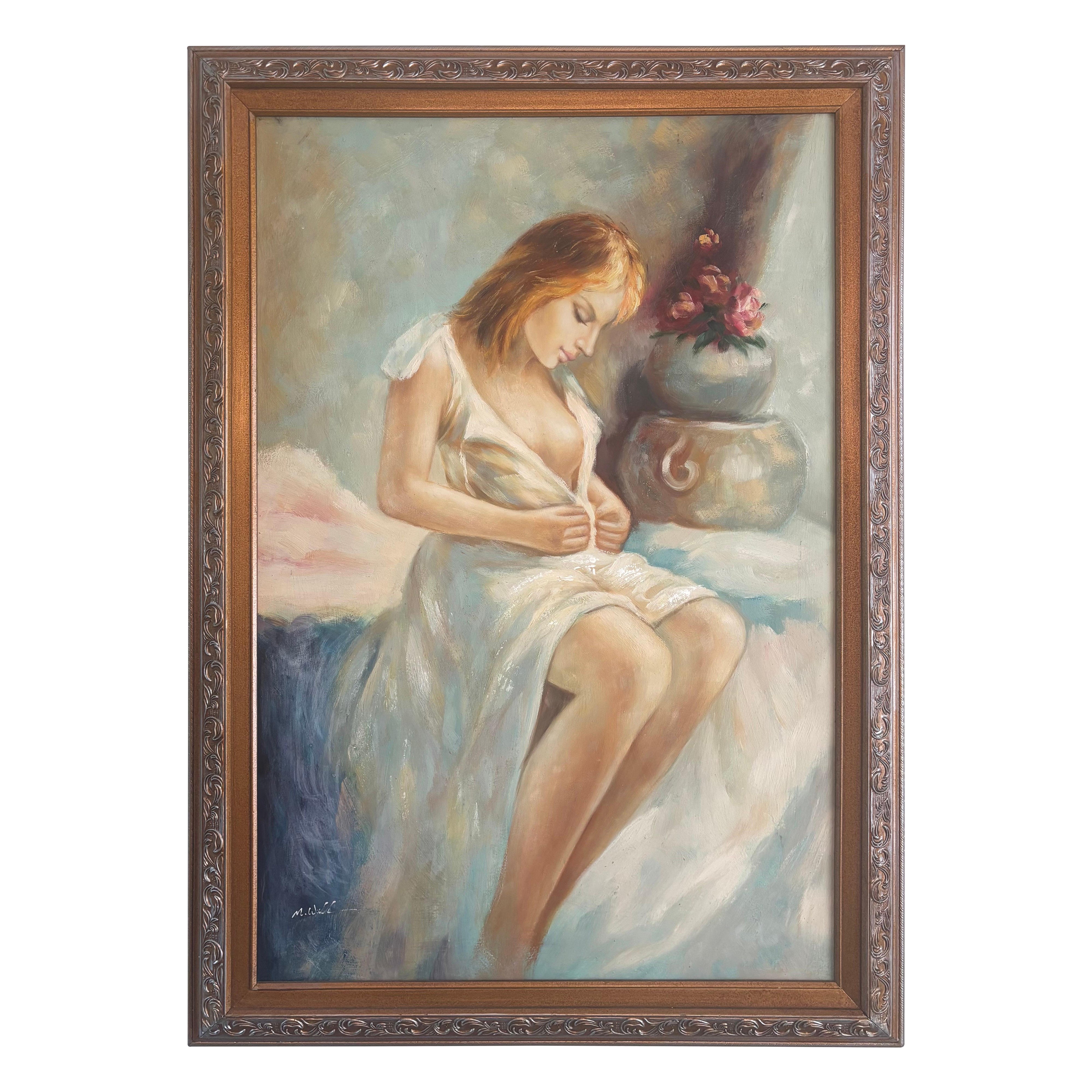 Vintage Romantische Figurative Ölgemälde einer Frau