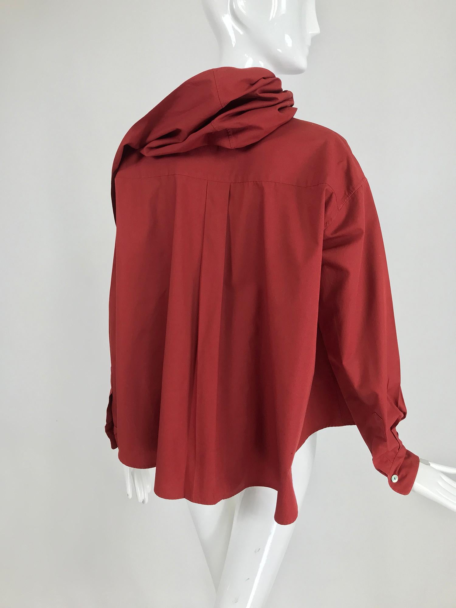 Brown Vintage Romeo Gigli Burgundy Oversize Shirt with Attached Hood Scarf 1980s