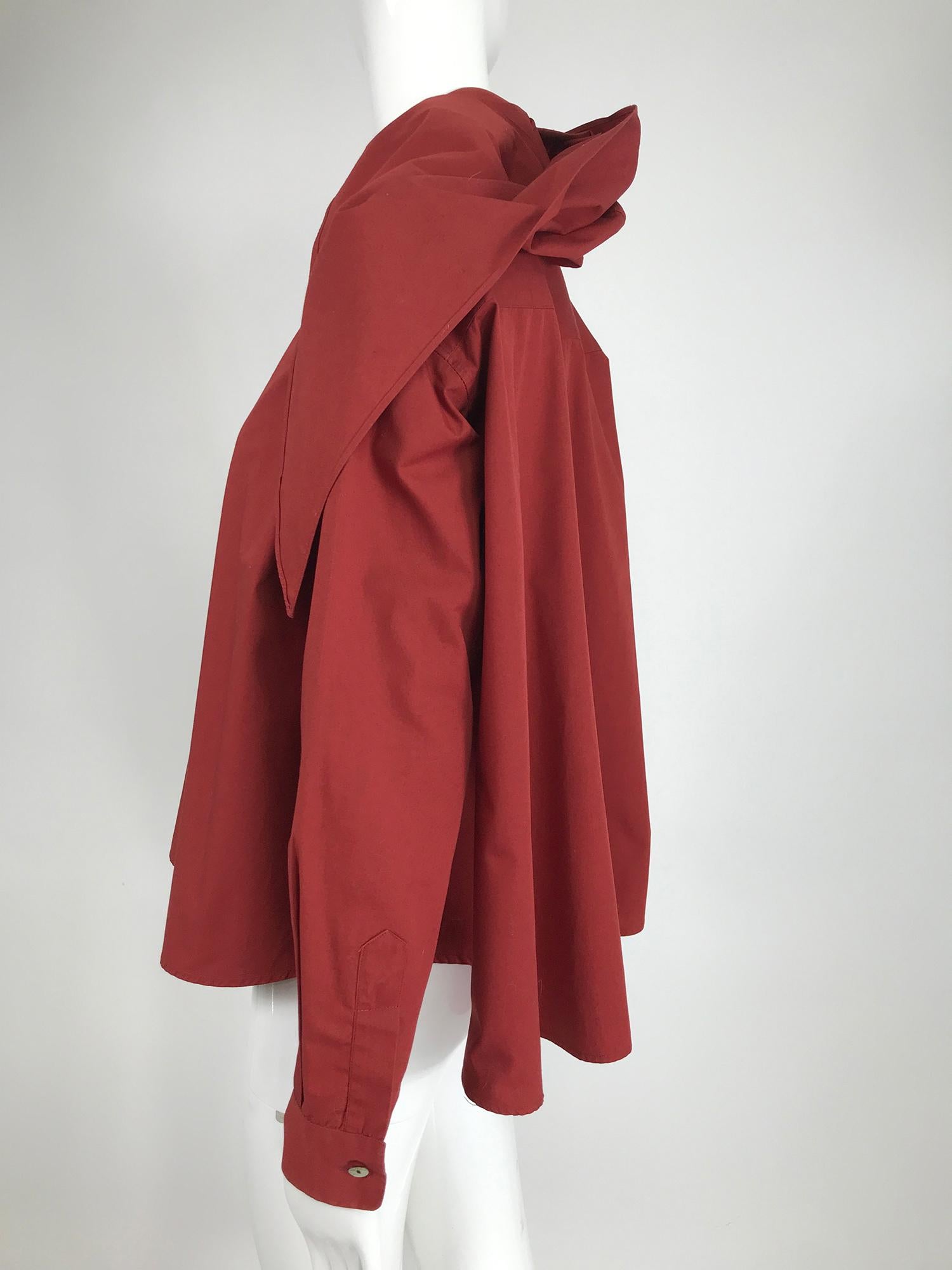 Vintage Romeo Gigli Burgundy Oversize Shirt with Attached Hood Scarf 1980s In Excellent Condition In West Palm Beach, FL