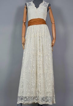 Vintage ROMEO GIGLI Ecru Lace with Wide Belt Long Formal Dress