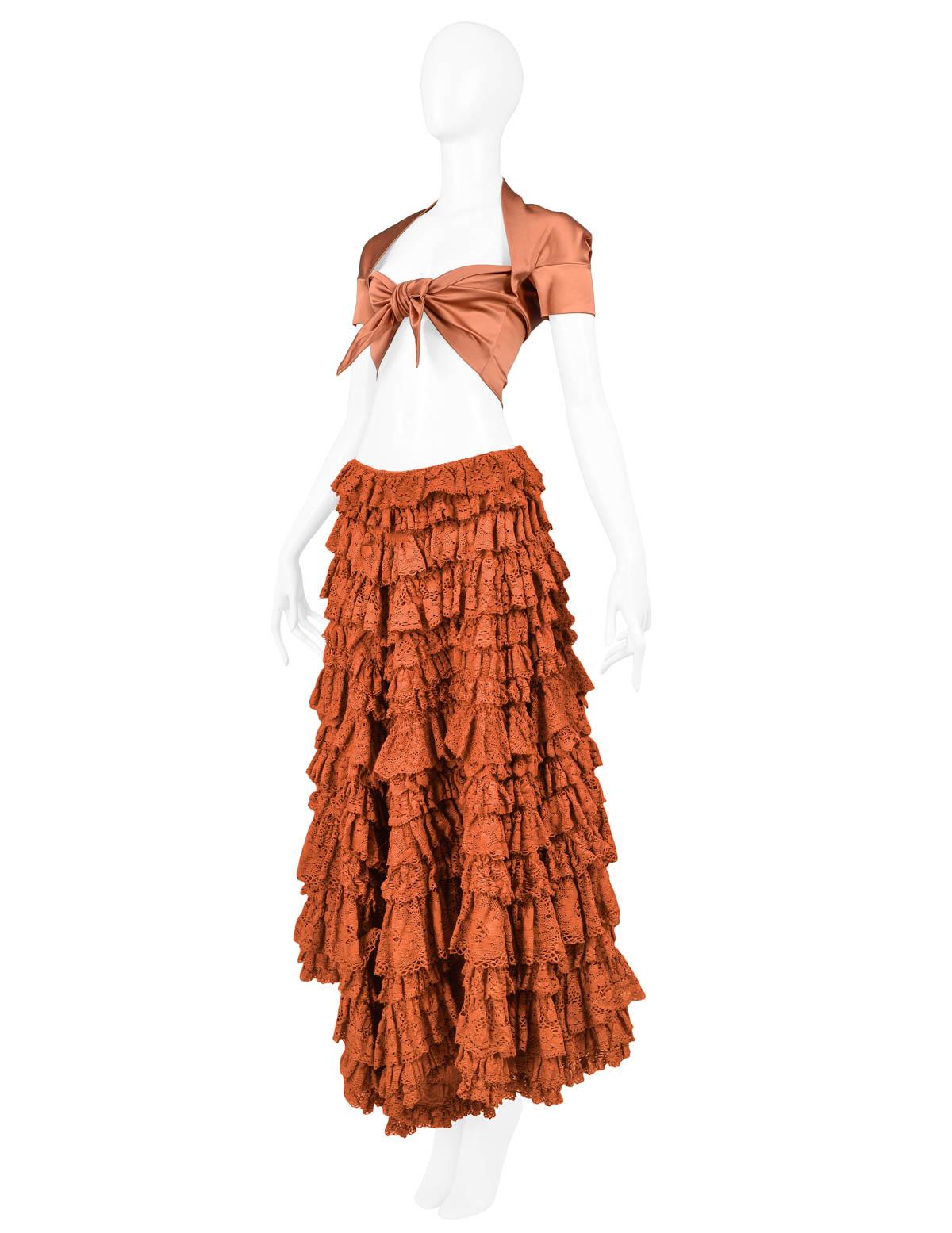 Brown Vintage Romeo Gigli Knot Crop Top & Lace Ruffle Patio Skirt Ensemble 1990