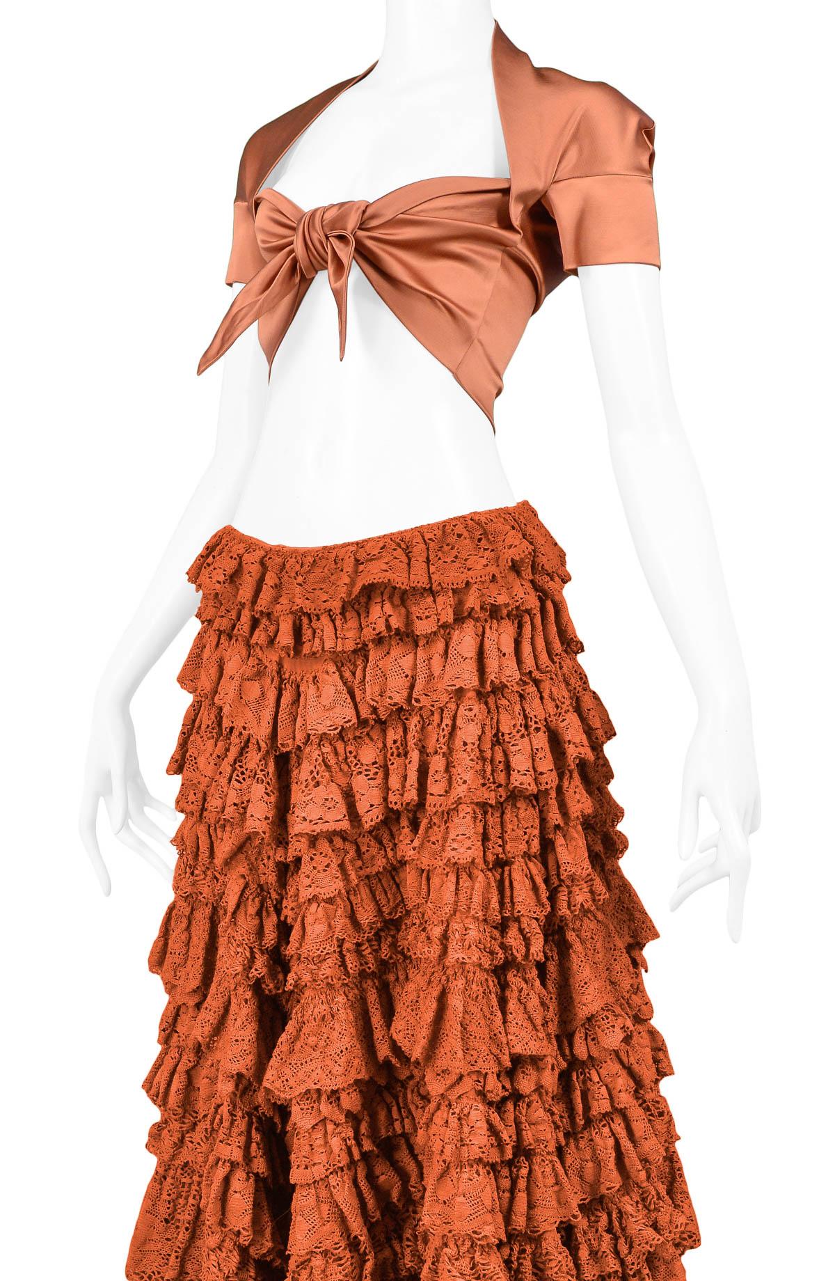 Vintage Romeo Gigli Knot Crop Top & Lace Ruffle Patio Skirt Ensemble 1990 In Excellent Condition In Los Angeles, CA