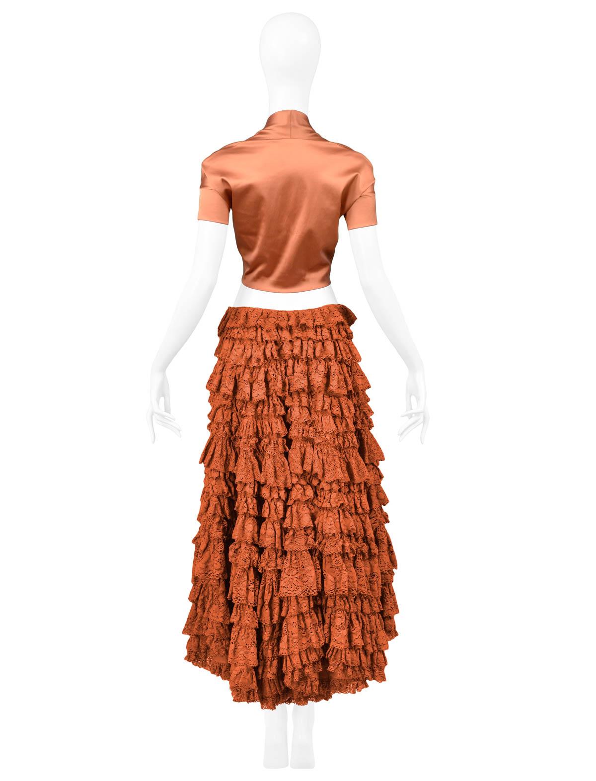 Vintage Romeo Gigli Knot Crop Top & Lace Ruffle Patio Skirt Ensemble 1990 1