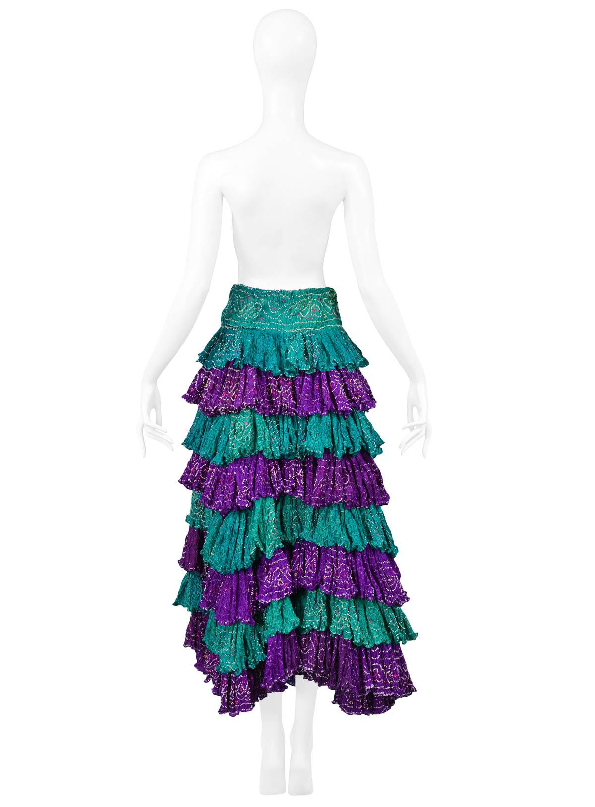 Women's Vintage Romeo Gigli Purple & Green Washed Silk Ruffle Patio Skirt 1990